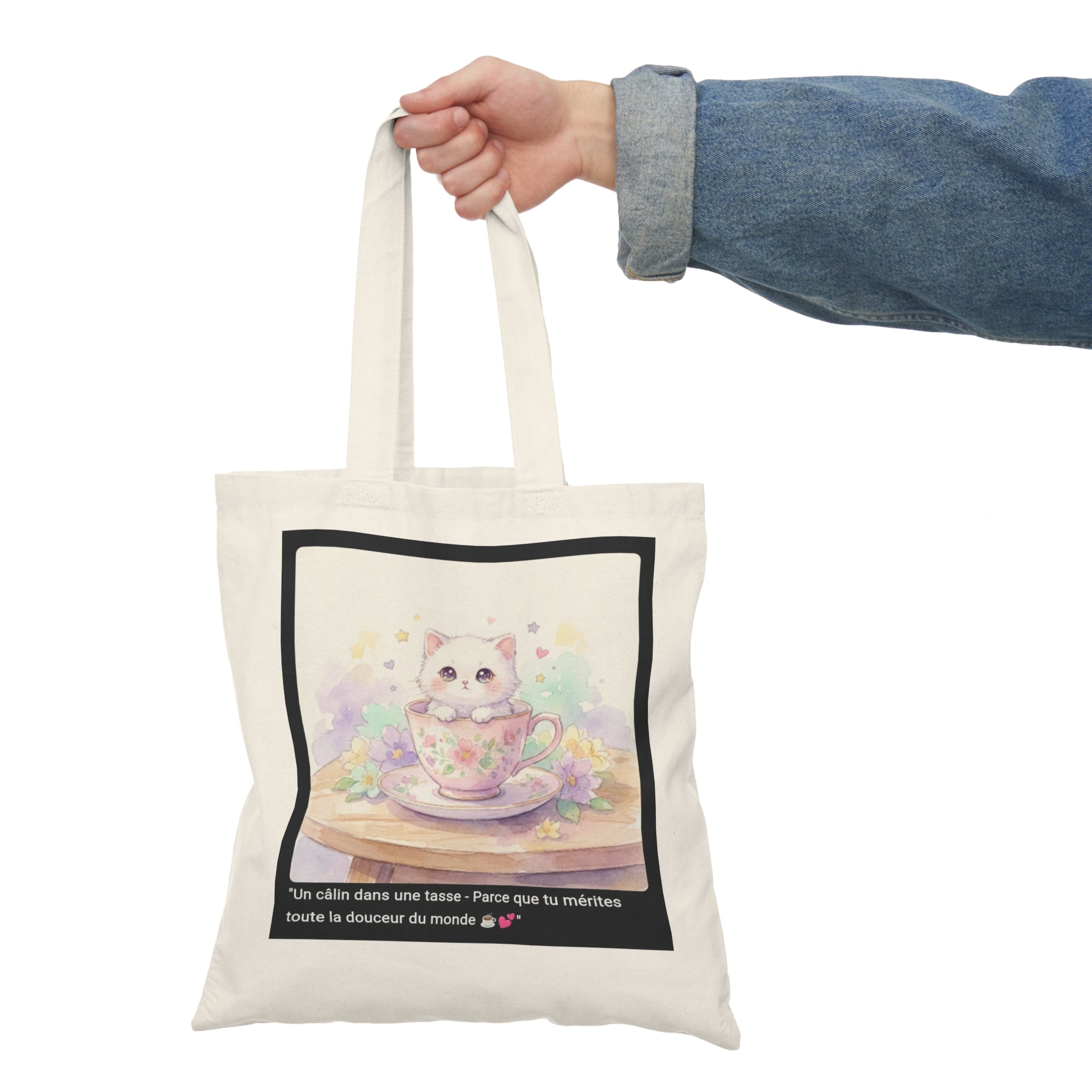 👜 TOTE BAG CHATON TASSE PASTEL - Sac Coton Bio Éco-Responsable  💕 "Un Câlin dans une Tasse" - La douceur à porter partout