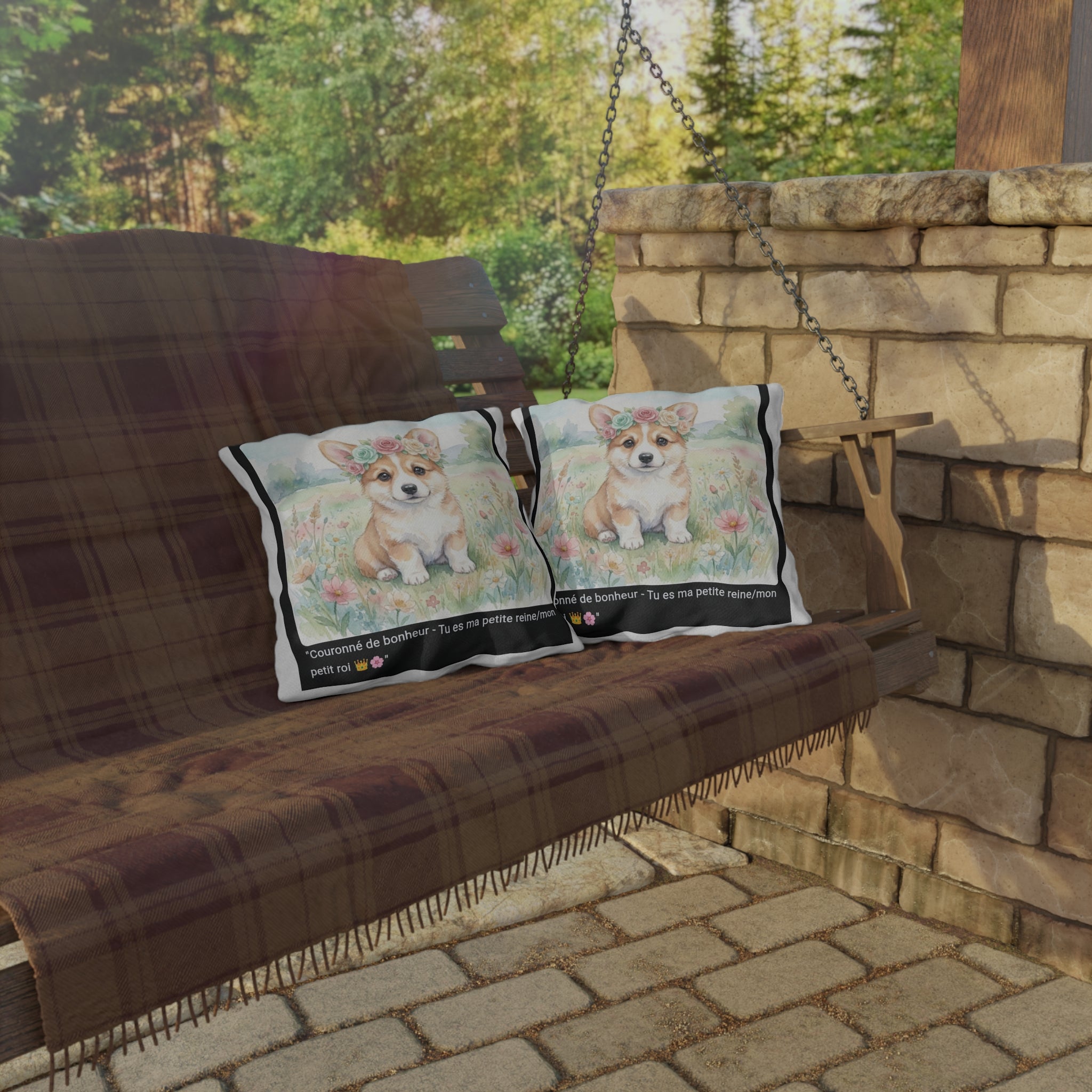 🛋️ COUSSIN CORGI COURONNE ROSES - Déco Printanière Joyeuse