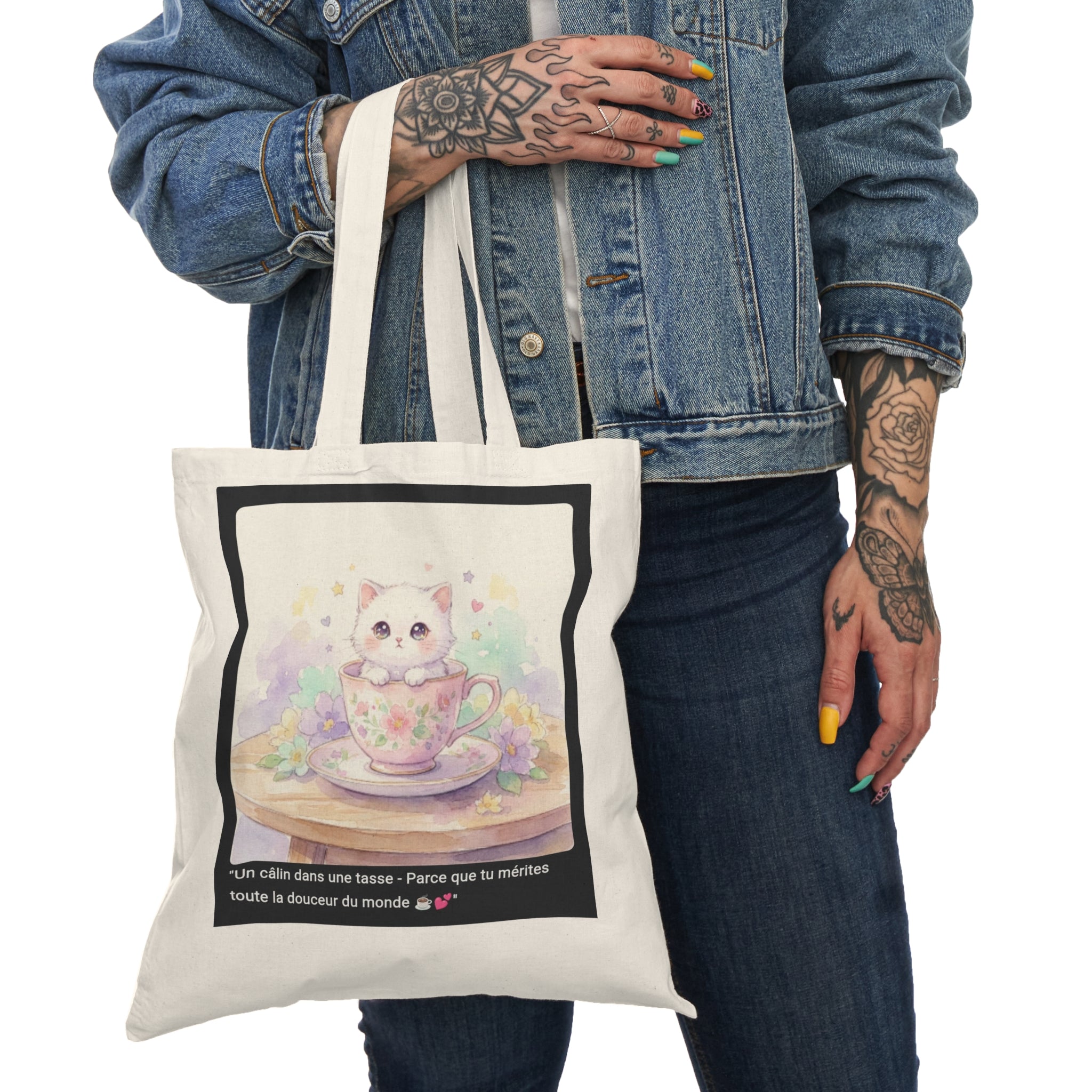 👜 TOTE BAG CHATON TASSE PASTEL - Sac Coton Bio Éco-Responsable  💕 "Un Câlin dans une Tasse" - La douceur à porter partout