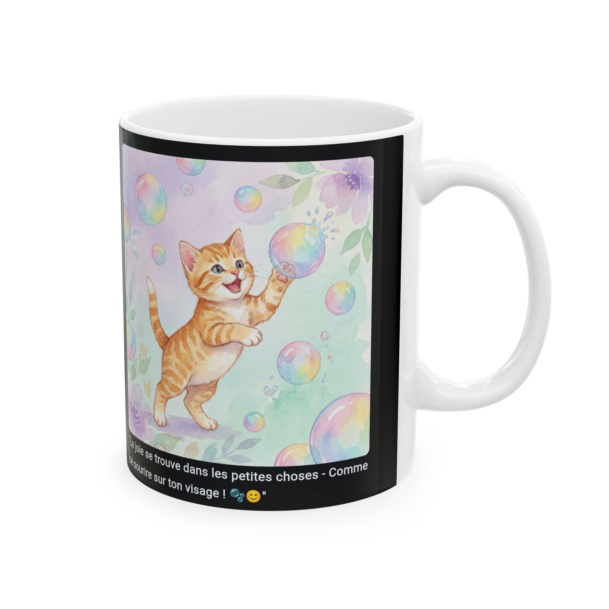 ☕ MUG CHATON BULLES ARC-EN-CIEL - "La Joie dans les Petites Choses"  🫧