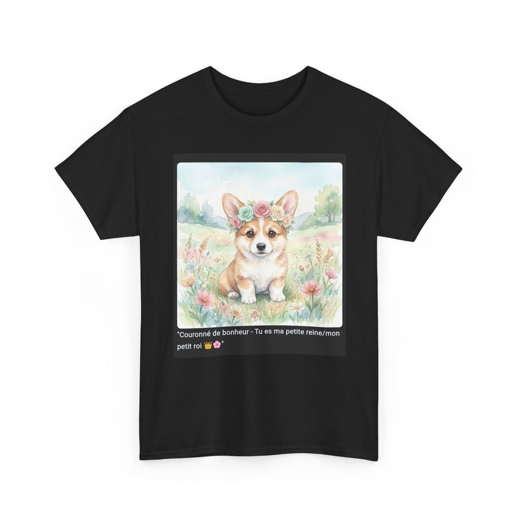 👕 T-SHIRT CORGI COURONNE ROSES - Design Printanier Royal  👑 "Couronné de bonheur" - Porte la royauté canine !