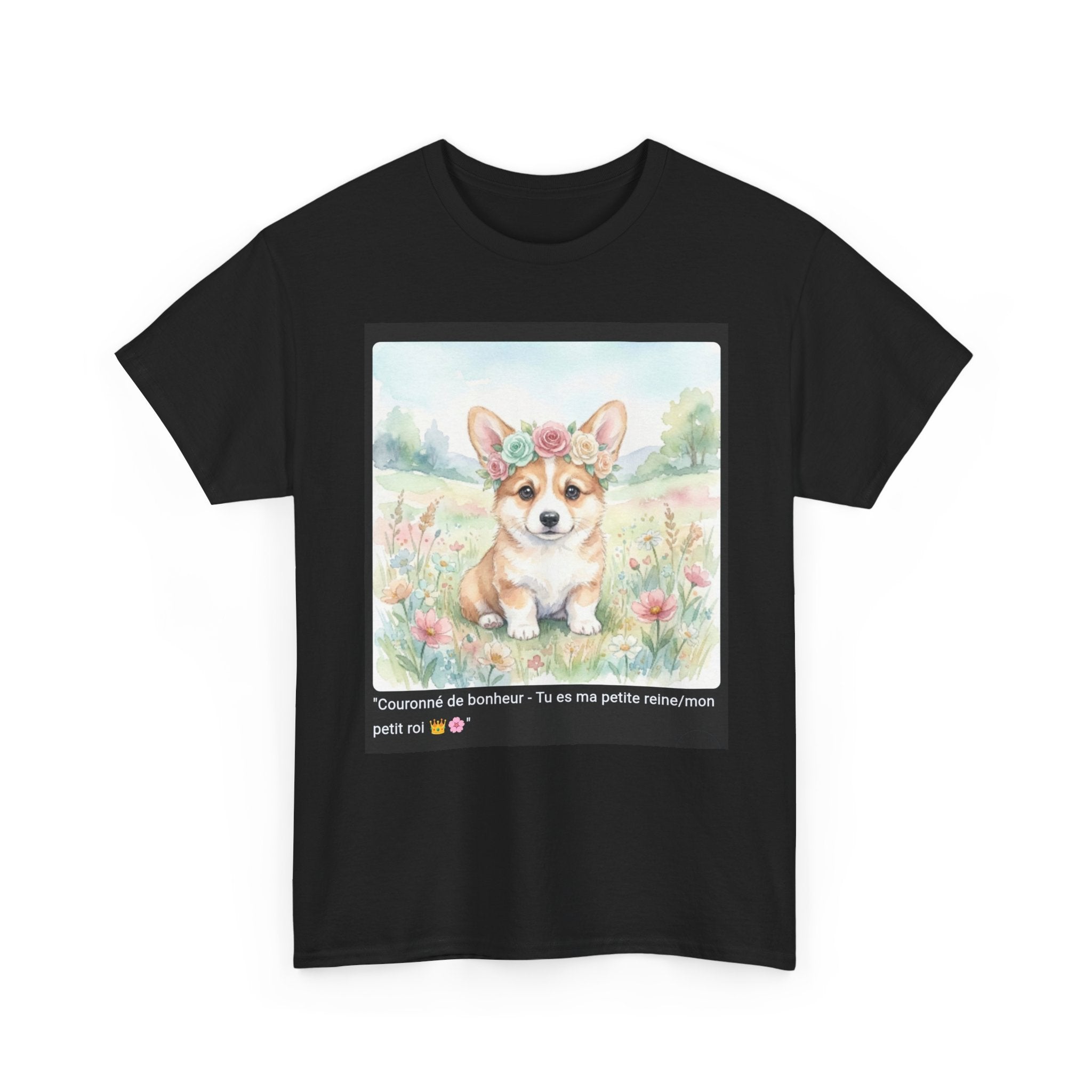 👕 T-SHIRT CORGI COURONNE ROSES - Design Printanier Royal  👑 "Couronné de bonheur" - Porte la royauté canine !