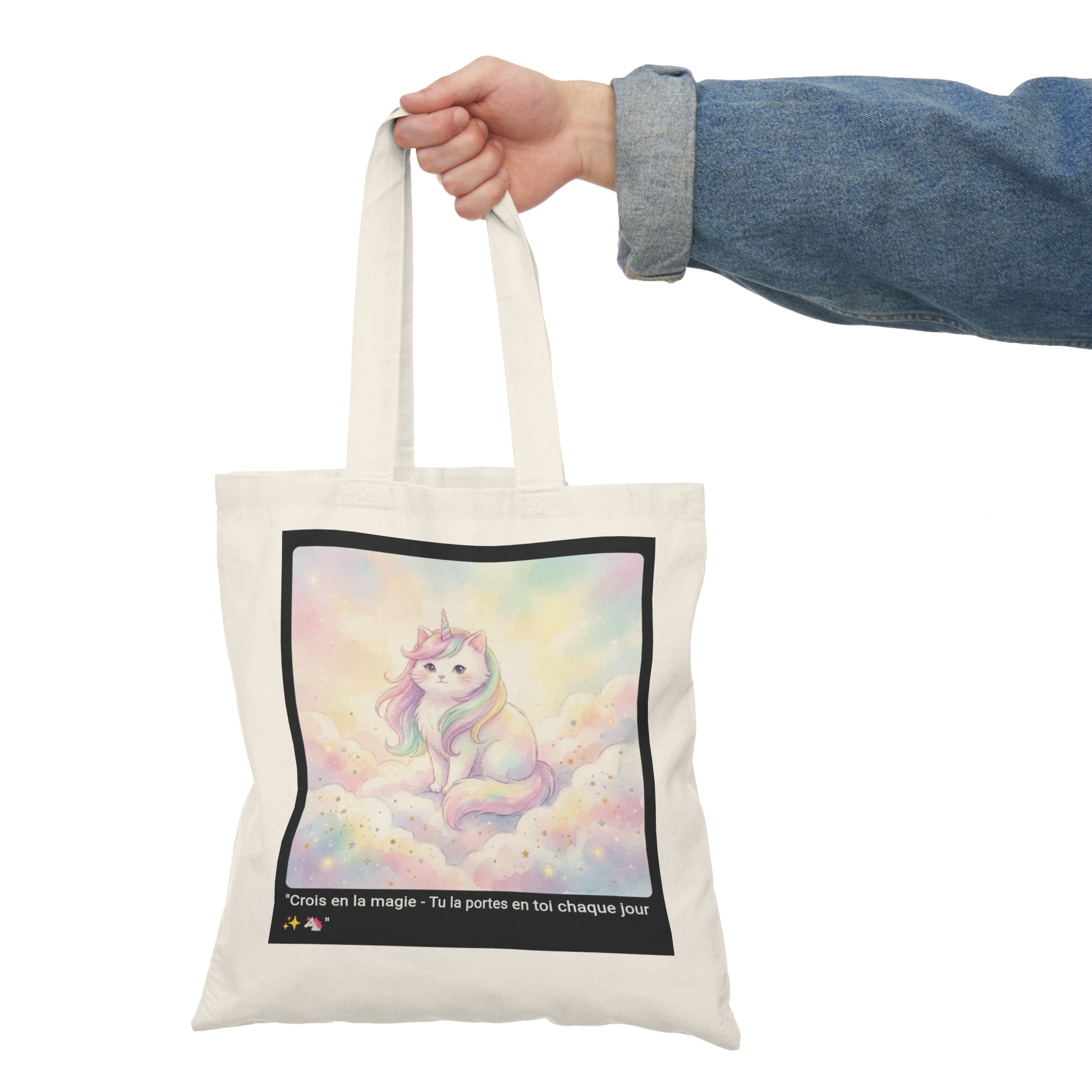 👜 TOTE BAG CHAT LICORNE - Sac Coton Bio Magique  ✨ "Crois en la magie" - Enchantement écolo portable