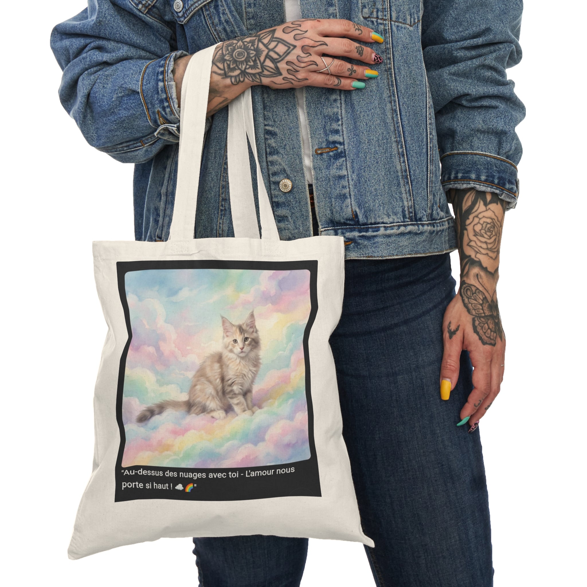 👜 TOTE BAG MAINE COON NUAGES - Sac Coton Bio Céleste  ☁️ "Au-dessus des nuages avec toi" - Amour écolo élevé