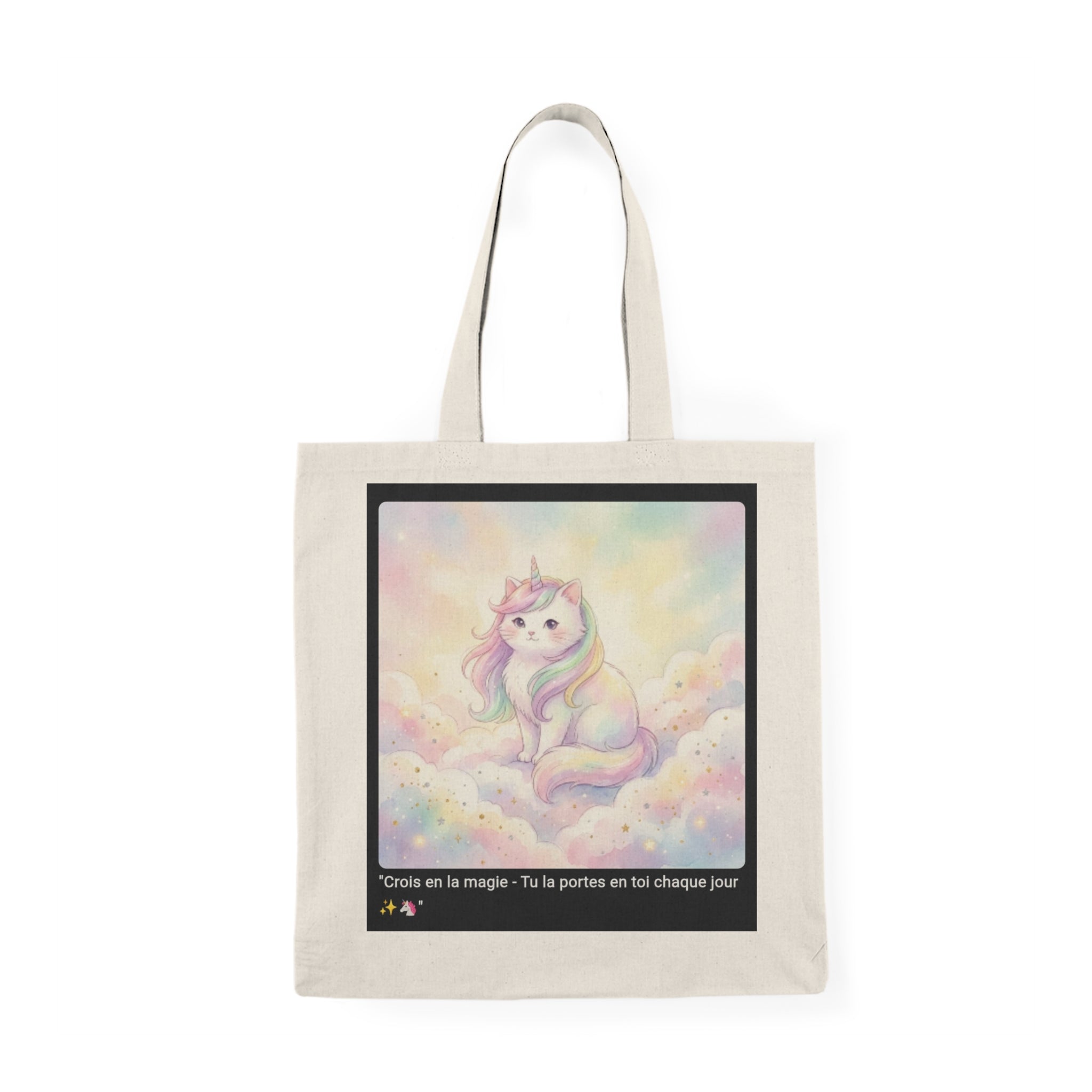 👜 TOTE BAG CHAT LICORNE - Sac Coton Bio Magique  ✨ "Crois en la magie" - Enchantement écolo portable