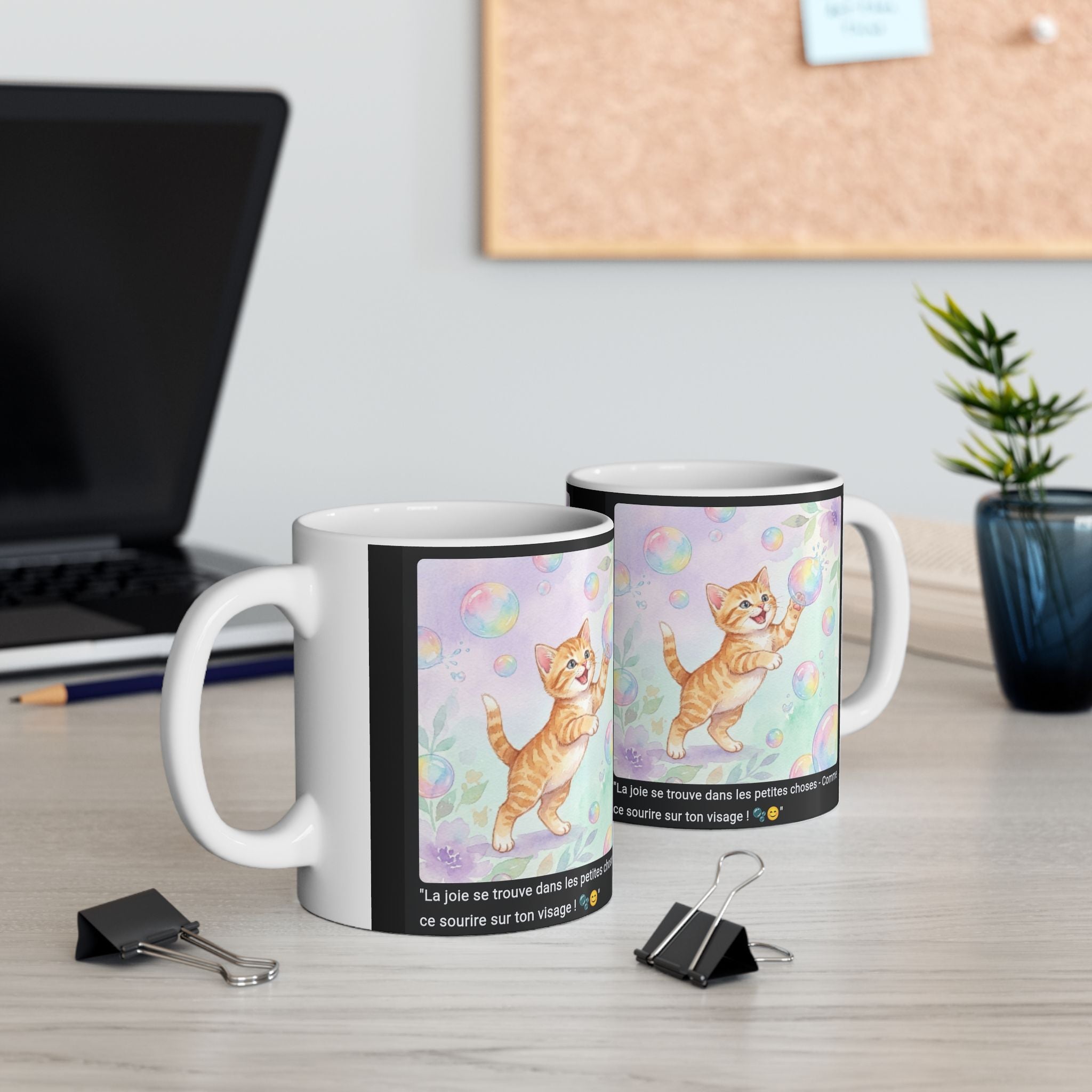 ☕ MUG CHATON BULLES ARC-EN-CIEL - "La Joie dans les Petites Choses"  🫧