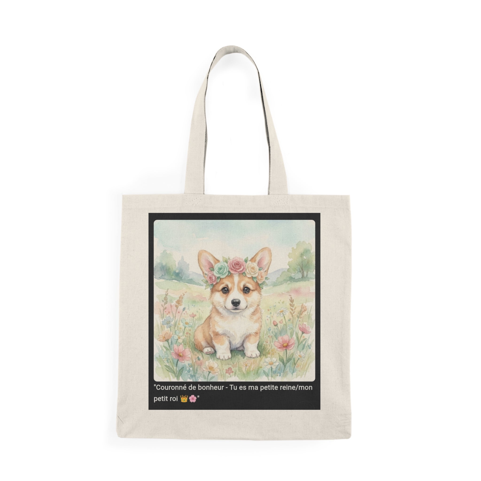 👜 TOTE BAG CORGI COURONNE - Sac Coton Bio Printanier  👑 "Couronné de bonheur" - Royauté écolo au quotidien