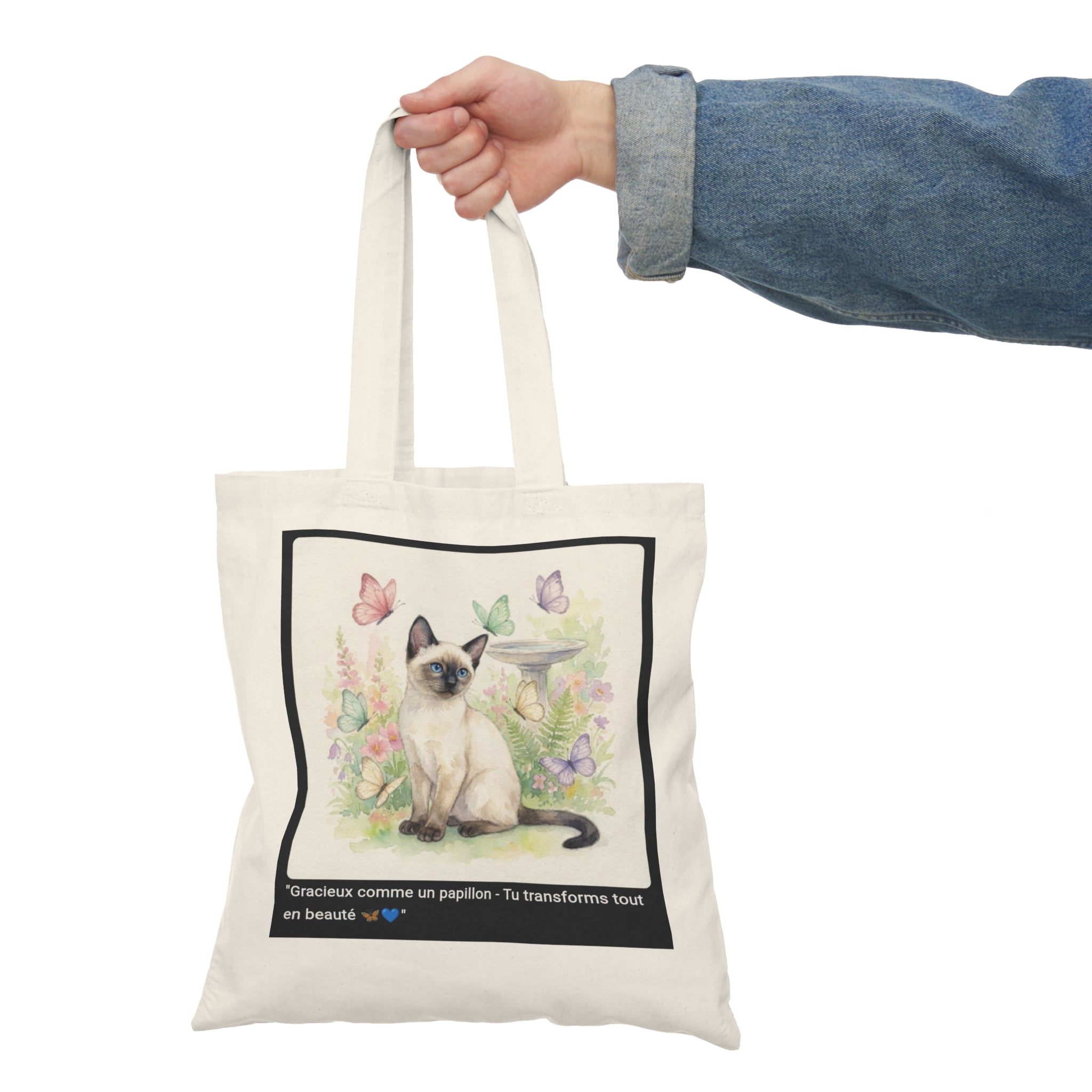👜 TOTE BAG CHAT SIAMOIS PAPILLONS - Sac Coton Bio Fleuri  🦋 "Gracieux comme un papillon" - Beauté écolo portable