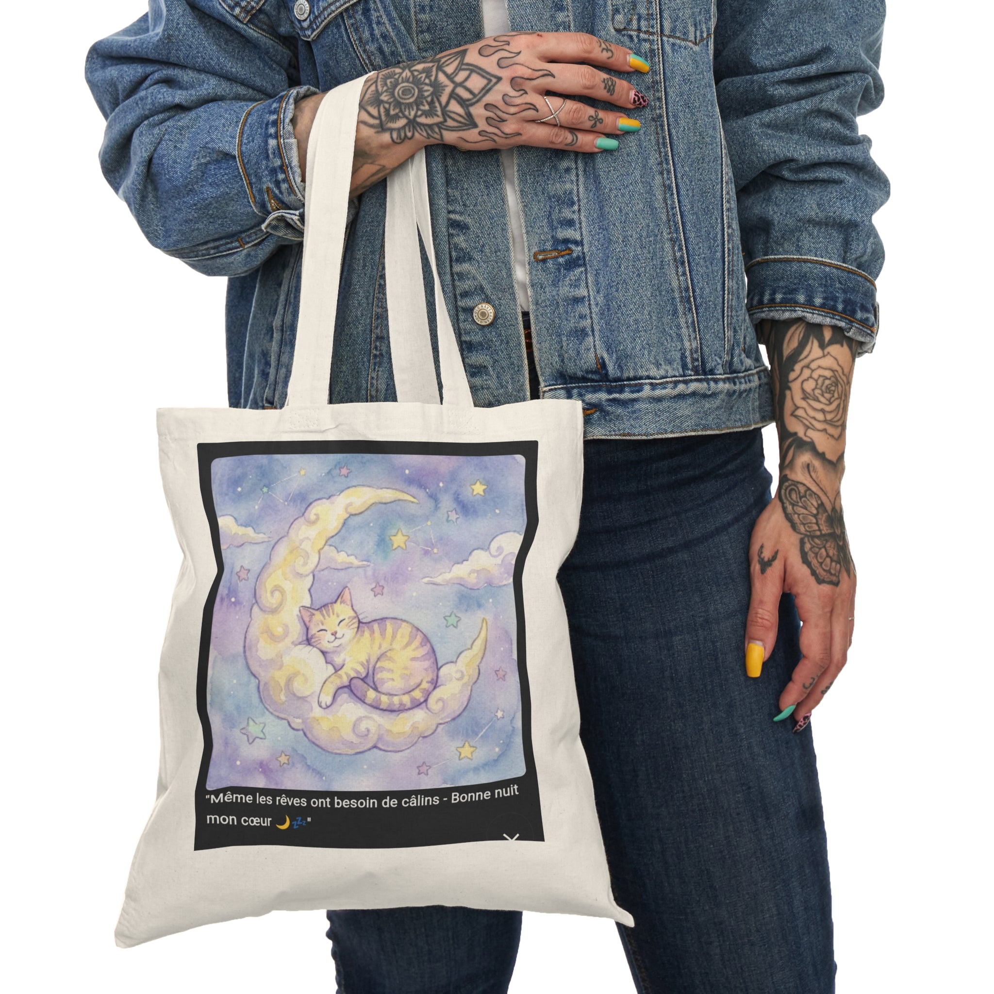 👜 TOTE BAG CHAT LUNE - Sac Coton Bio Magique  🌙 "Même les rêves ont besoin de câlins" - Emporte la magie partout