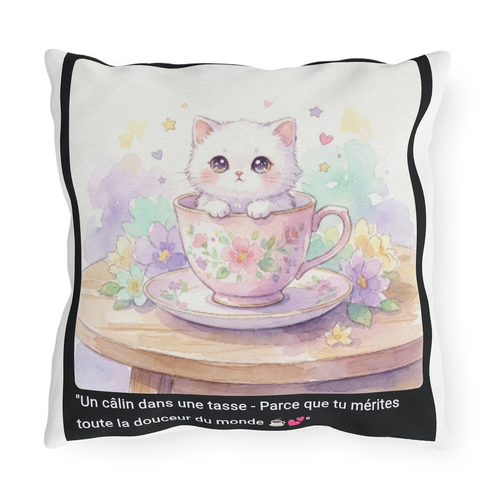 🛋️ COUSSIN DÉCO CHATON TASSE PASTEL - Confort & Douceur