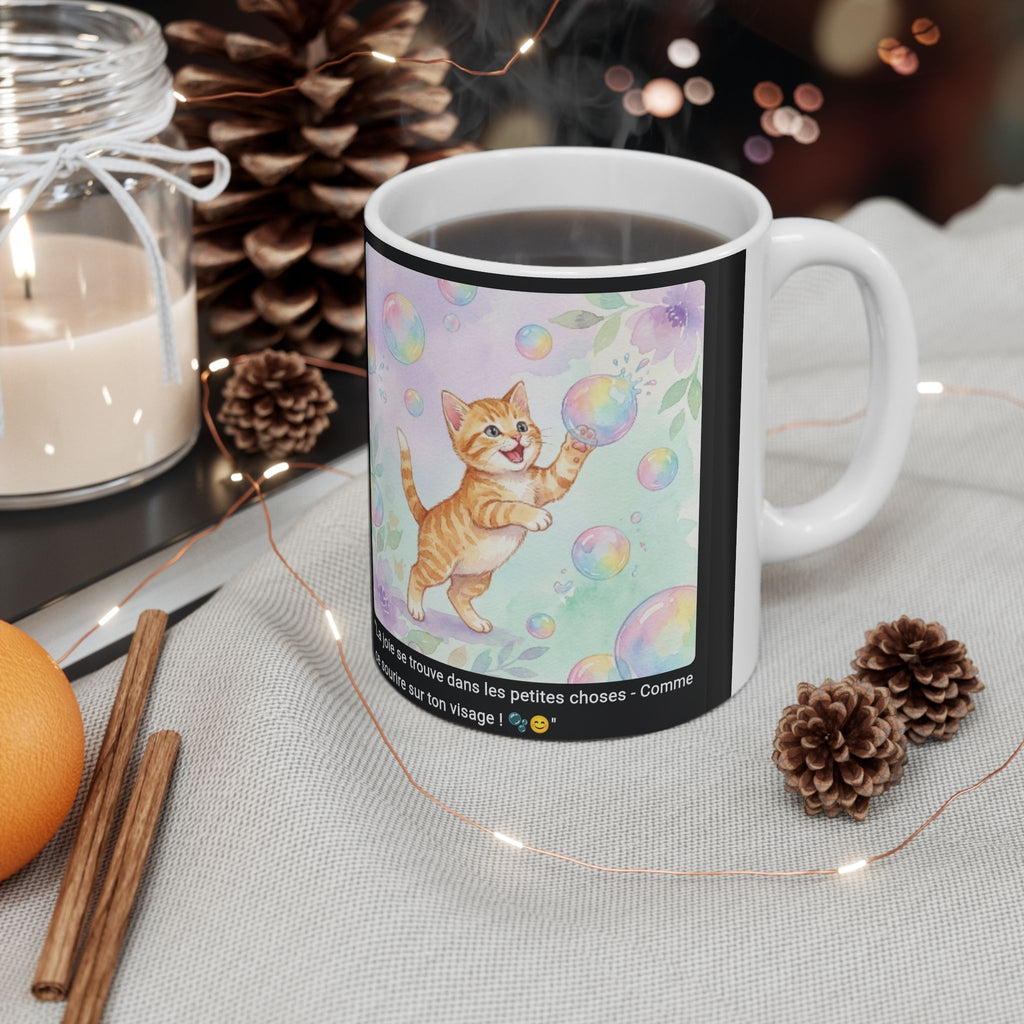 ☕ MUG CHATON BULLES ARC-EN-CIEL - "La Joie dans les Petites Choses"  🫧