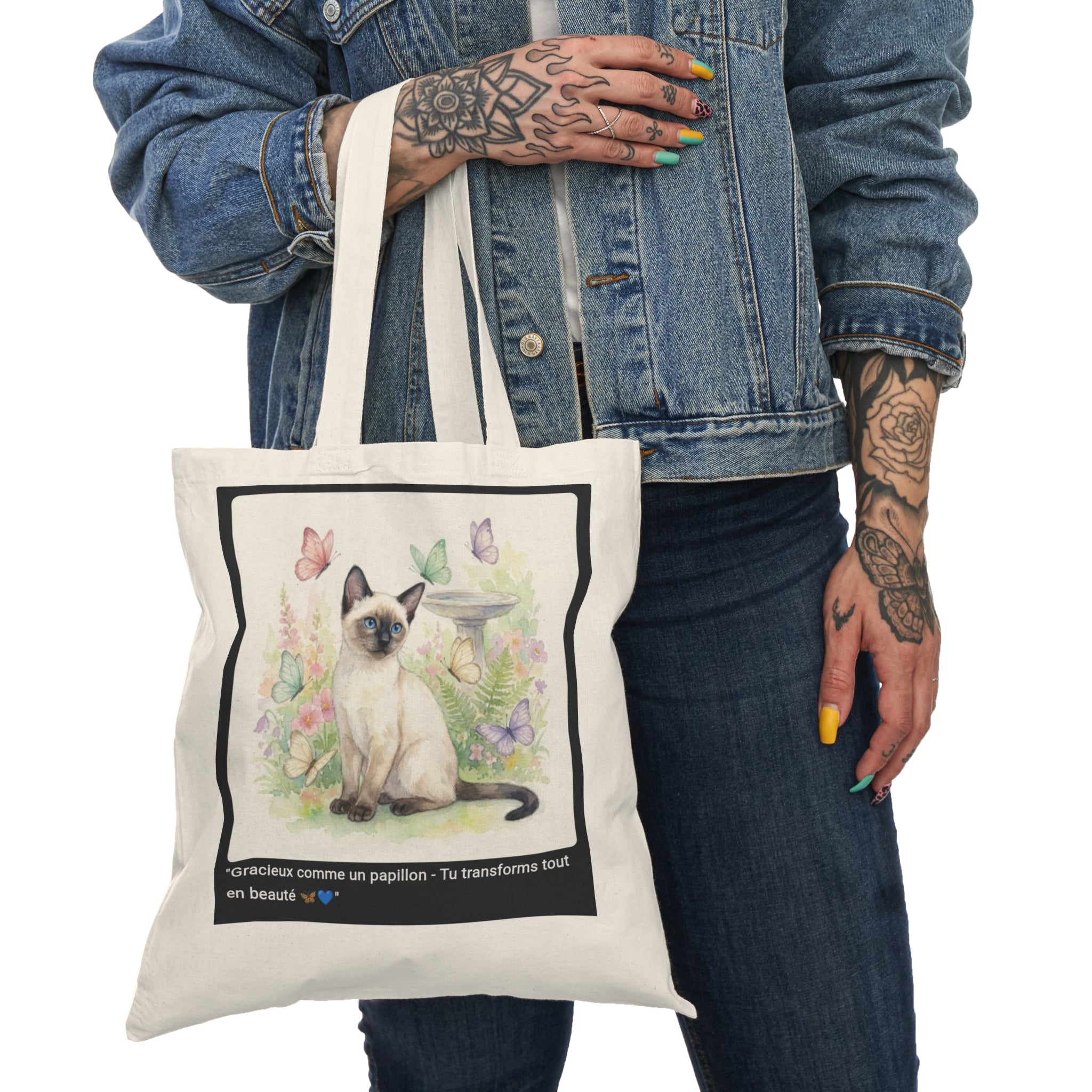👜 TOTE BAG CHAT SIAMOIS PAPILLONS - Sac Coton Bio Fleuri  🦋 "Gracieux comme un papillon" - Beauté écolo portable