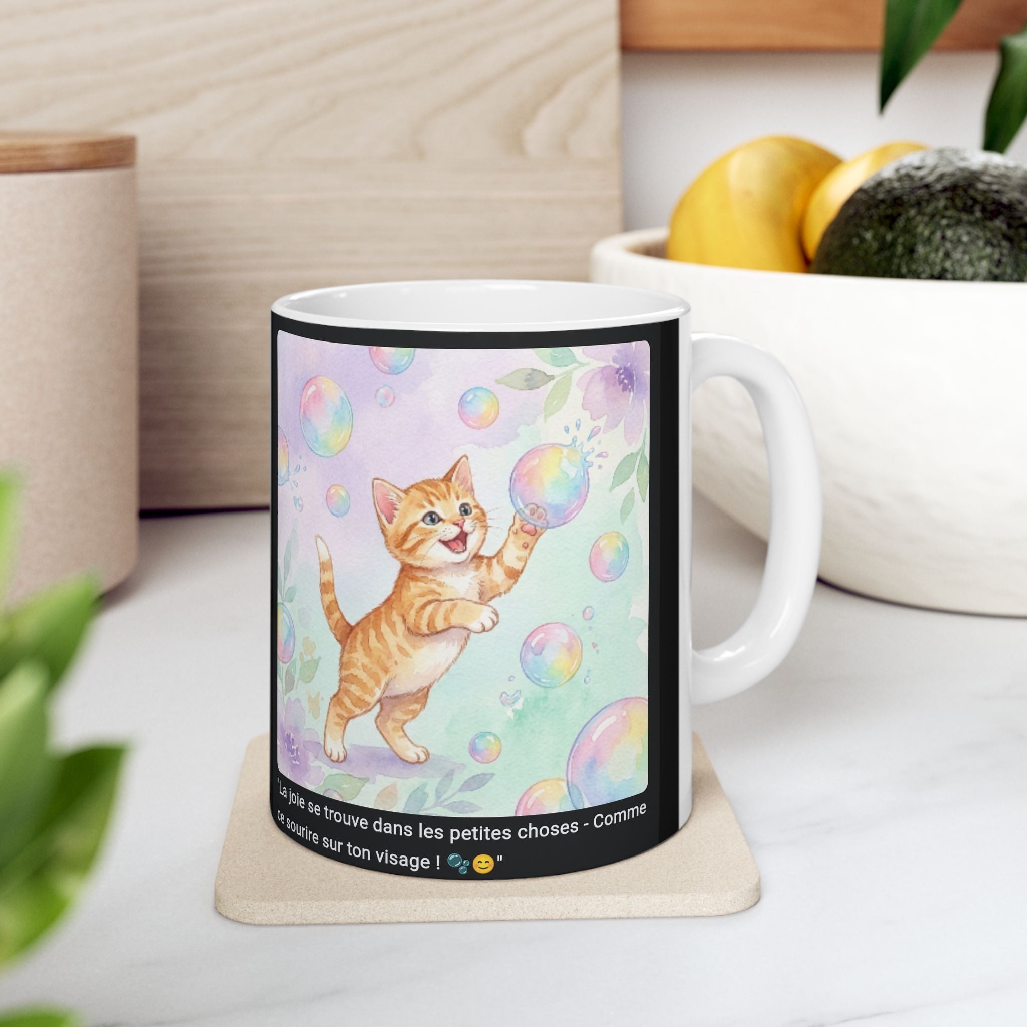 ☕ MUG CHATON BULLES ARC-EN-CIEL - "La Joie dans les Petites Choses"  🫧