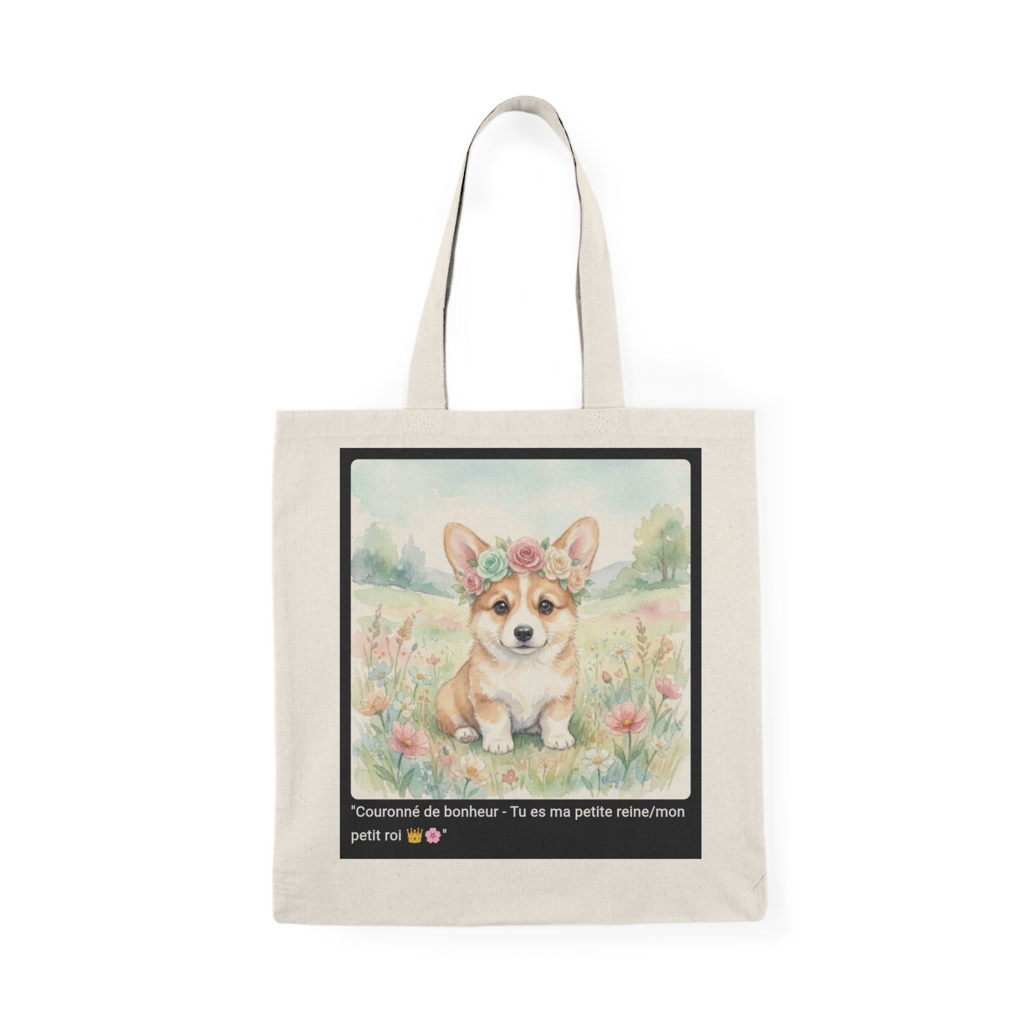 👜 TOTE BAG CORGI COURONNE - Sac Coton Bio Printanier  👑 "Couronné de bonheur" - Royauté écolo au quotidien
