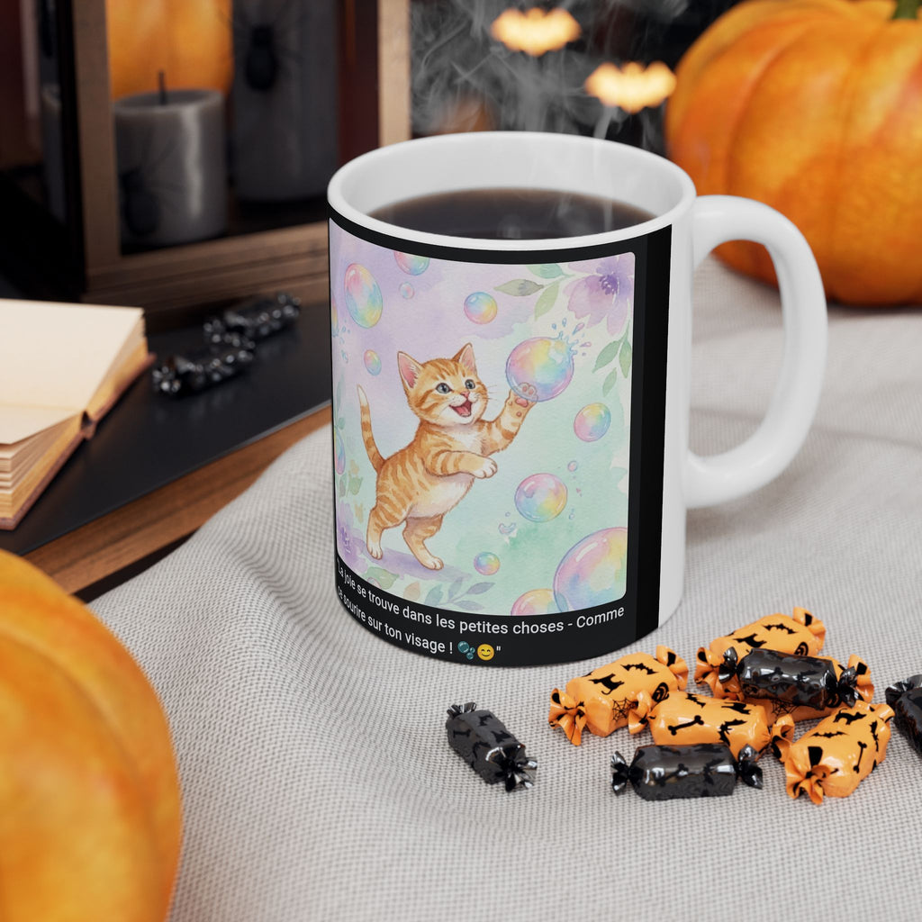 ☕ MUG CHATON BULLES ARC-EN-CIEL - "La Joie dans les Petites Choses"  🫧