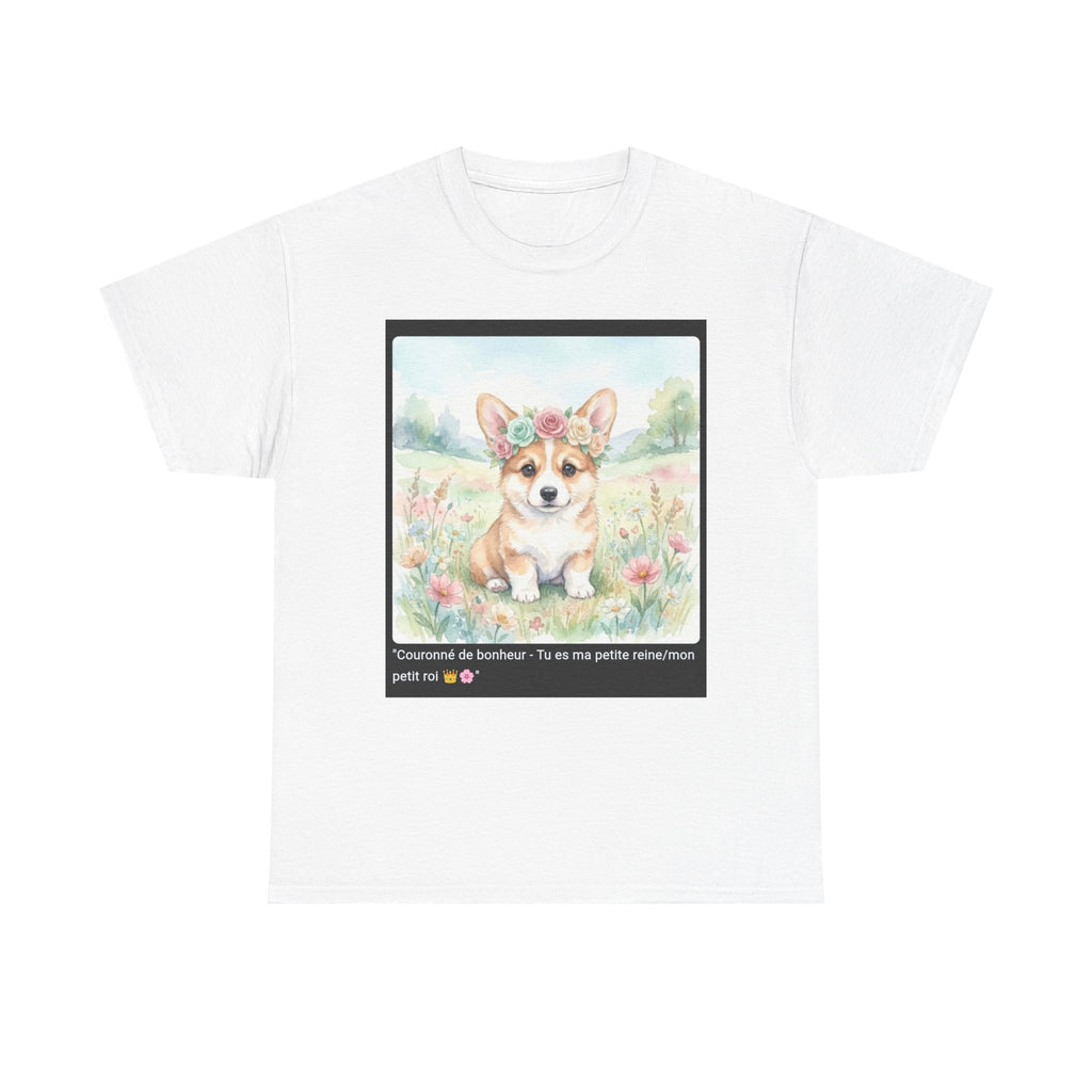 👕 T-SHIRT CORGI COURONNE ROSES - Design Printanier Royal  👑 "Couronné de bonheur" - Porte la royauté canine !