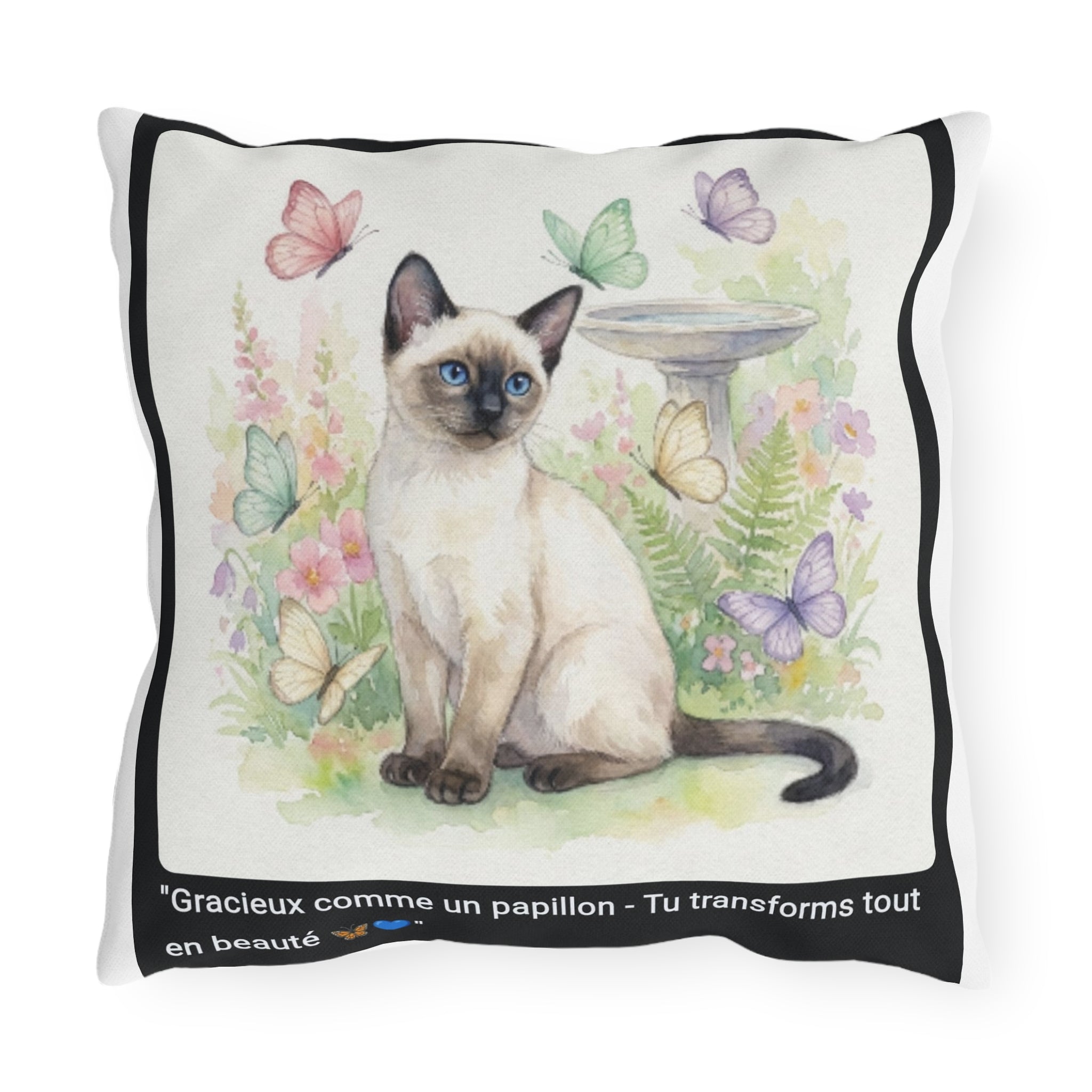 🛋️ COUSSIN CHAT SIAMOIS PAPILLONS - Déco Jardin Élégante