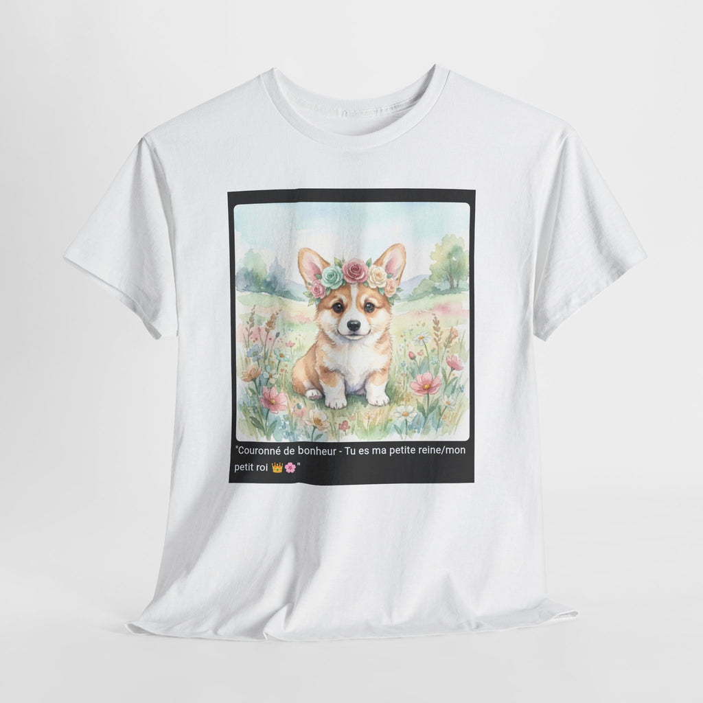 👕 T-SHIRT CORGI COURONNE ROSES - Design Printanier Royal  👑 "Couronné de bonheur" - Porte la royauté canine !