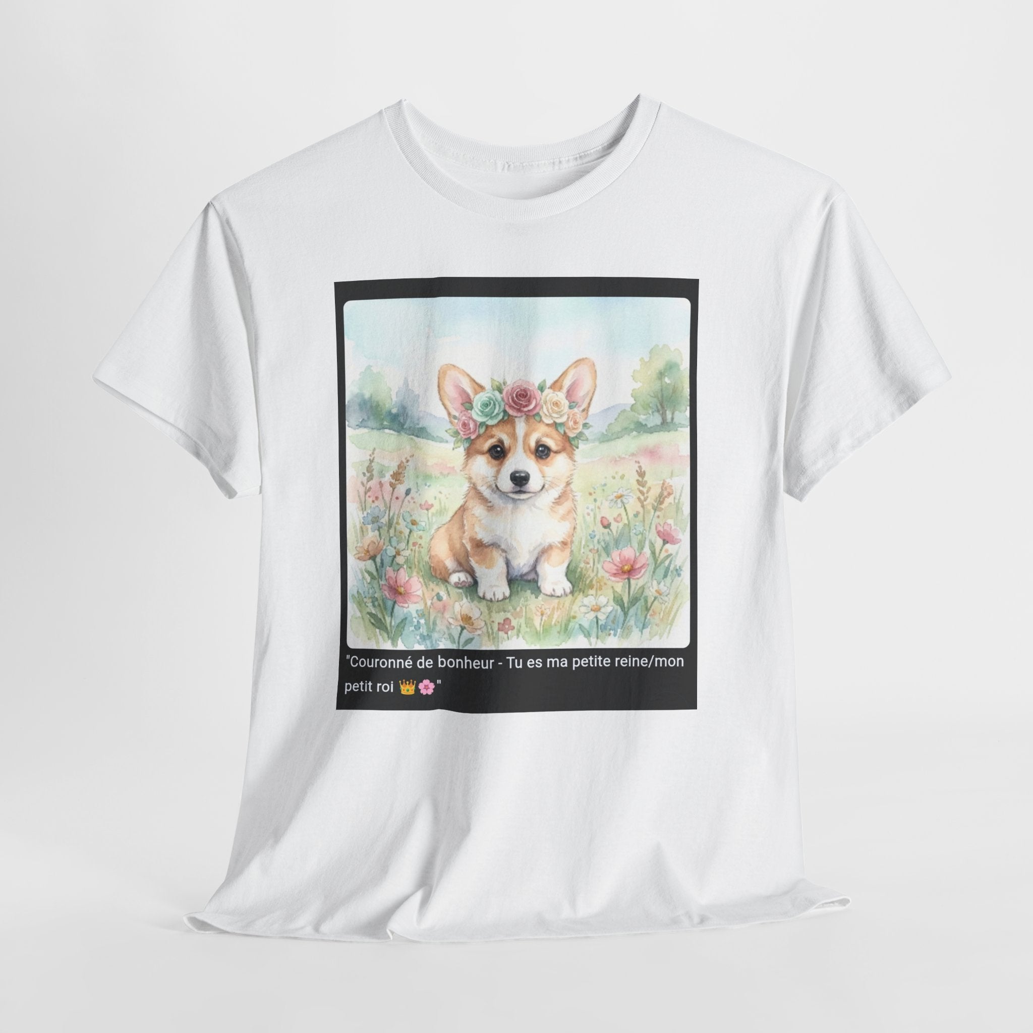 👕 T-SHIRT CORGI COURONNE ROSES - Design Printanier Royal  👑 "Couronné de bonheur" - Porte la royauté canine !
