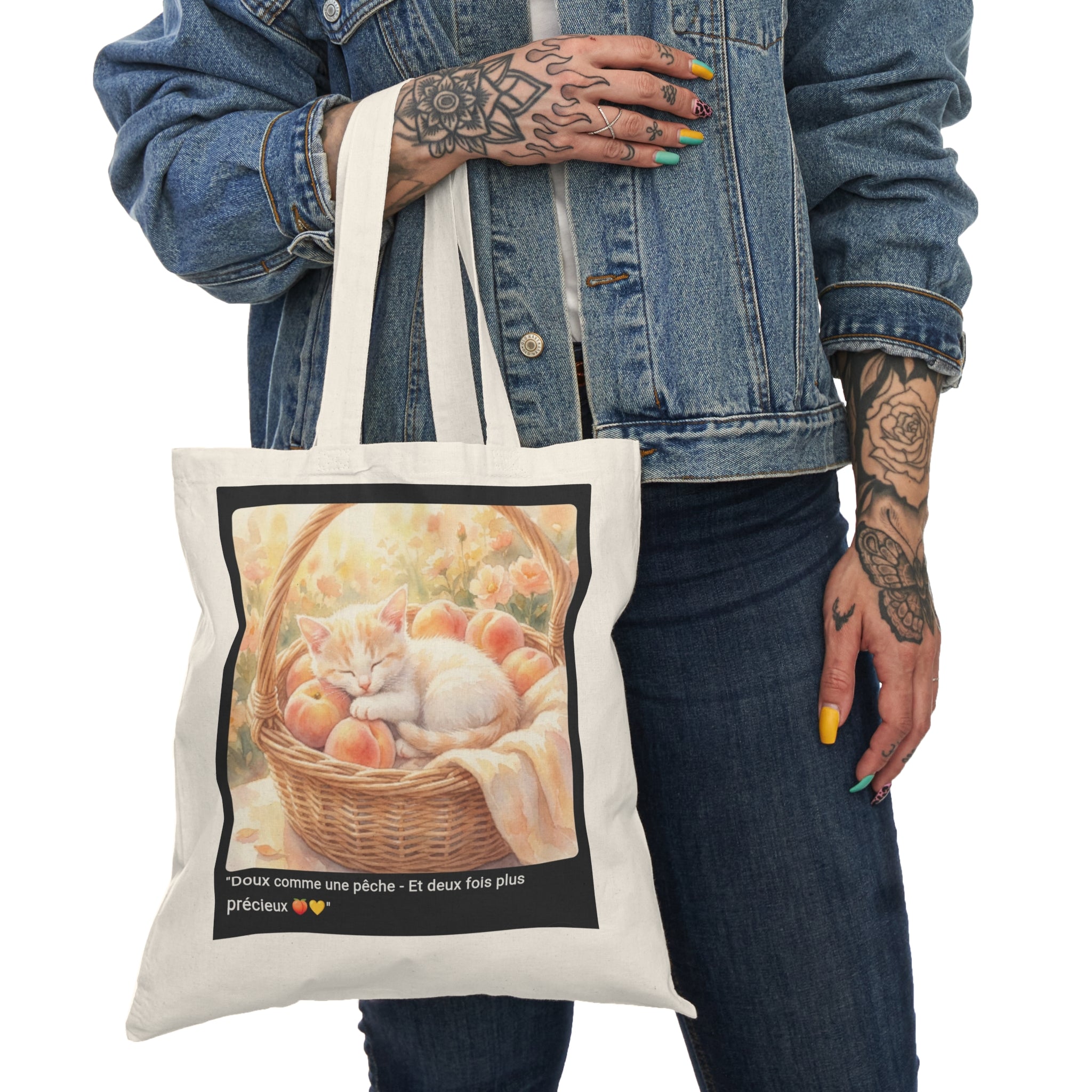 👜 TOTE BAG CHAT PÊCHES - Sac Coton Bio Estival  🍑 "Doux comme une pêche" - Douceur écolo d'été