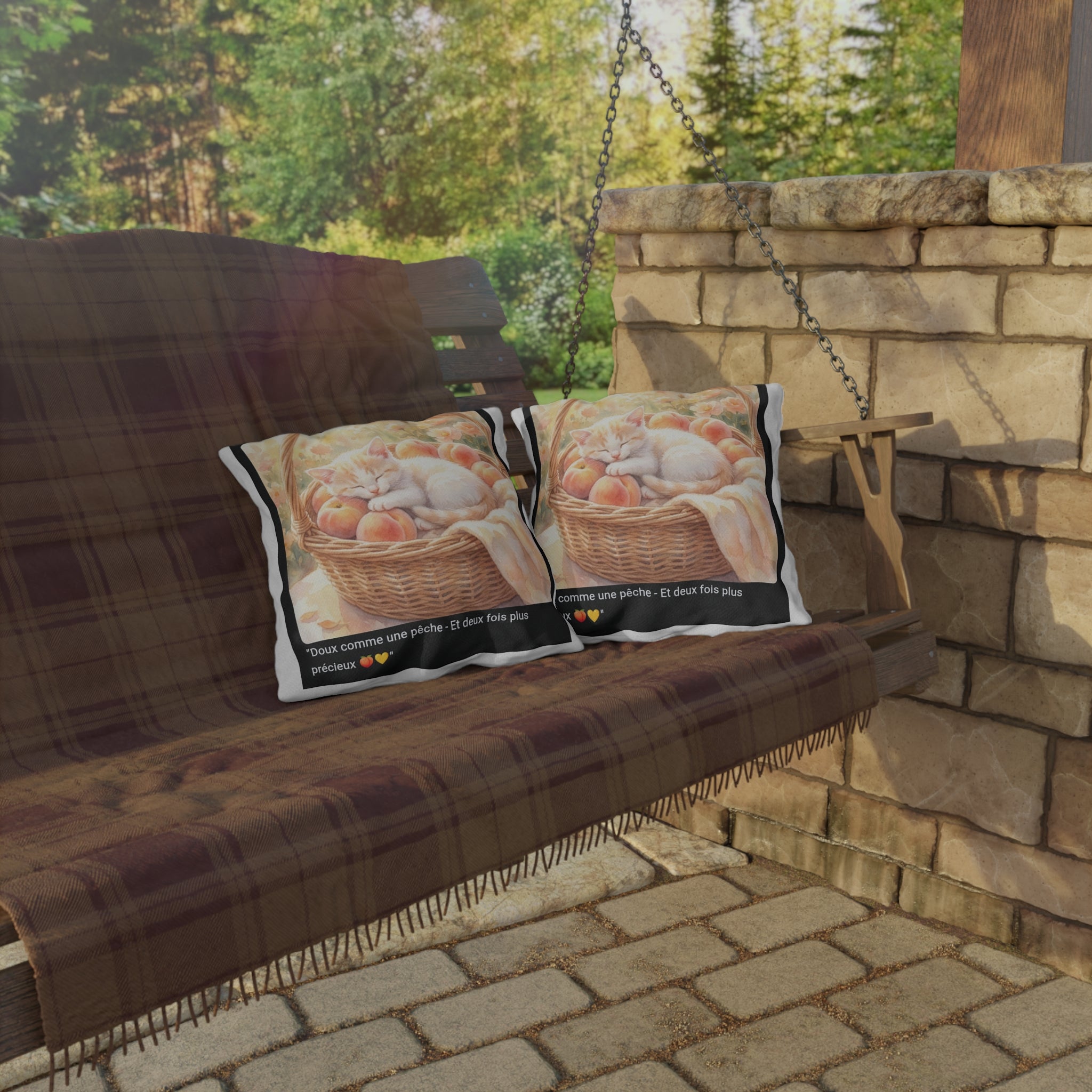 🛋️ COUSSIN CHAT PÊCHES - Déco Estivale Douce