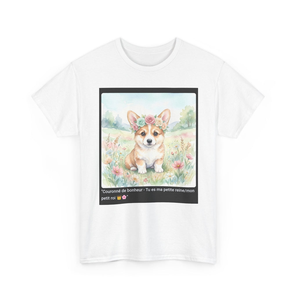 👕 T-SHIRT CORGI COURONNE ROSES - Design Printanier Royal  👑 "Couronné de bonheur" - Porte la royauté canine !