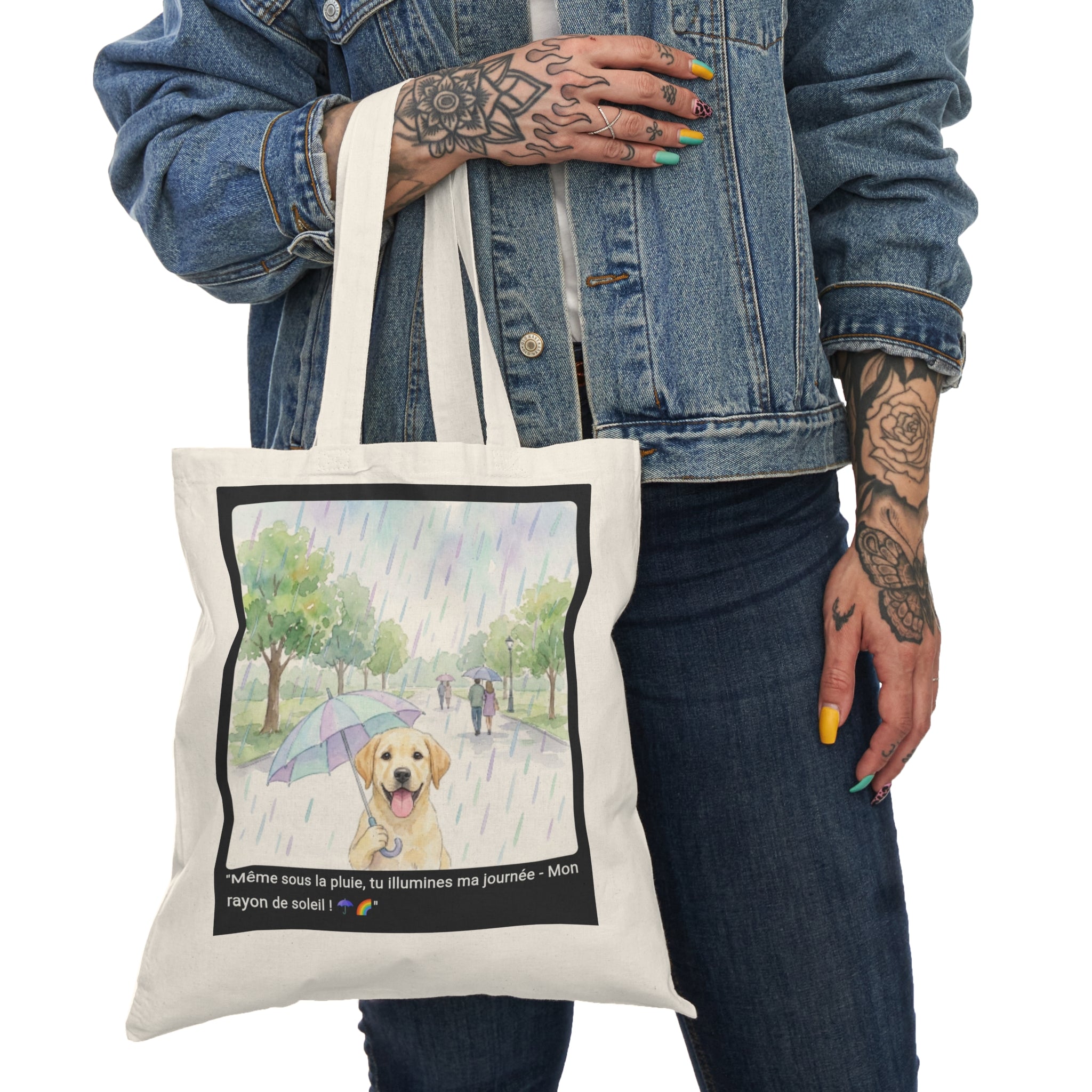 👜 TOTE BAG LABRADOR PARAPLUIE - Sac Coton Bio Printanier  ☂️ "Même sous la pluie, tu illumines ma journée" - Joie écolo portable