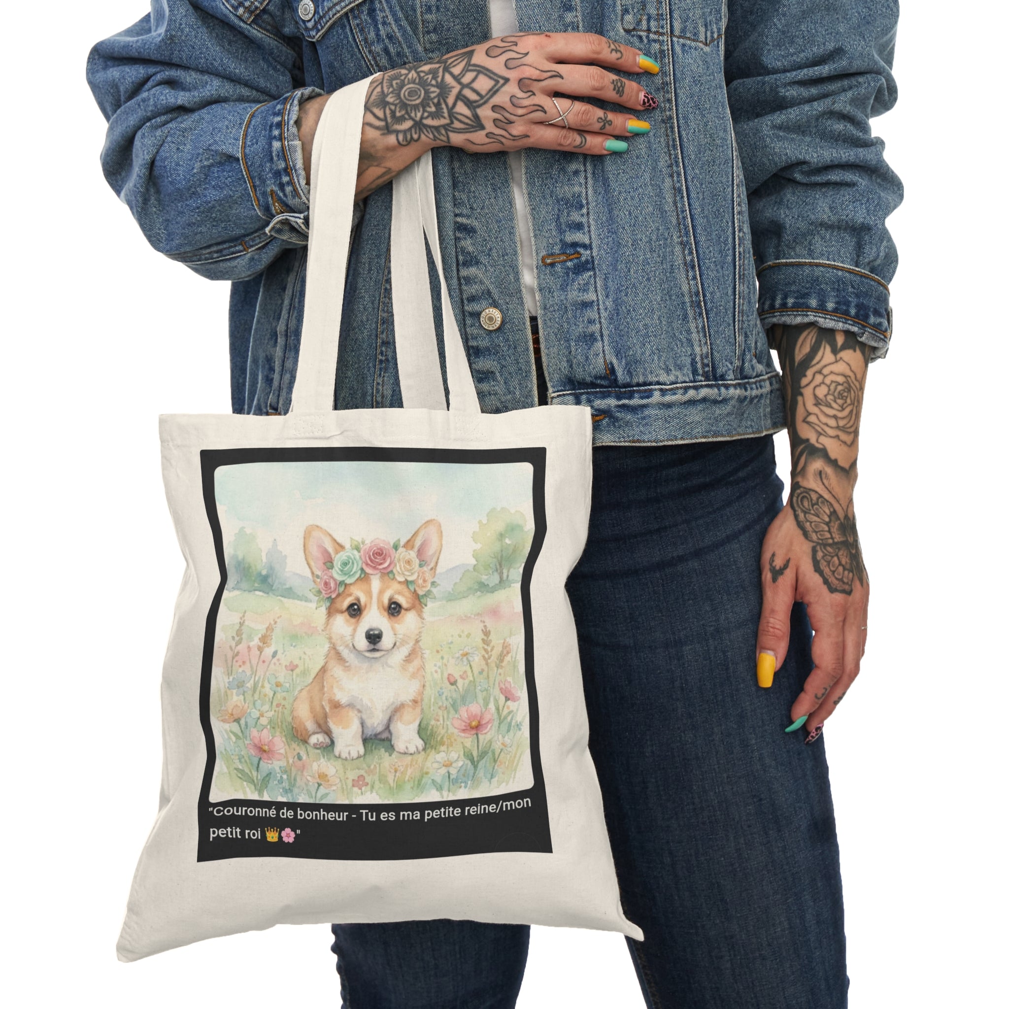 👜 TOTE BAG CORGI COURONNE - Sac Coton Bio Printanier  👑 "Couronné de bonheur" - Royauté écolo au quotidien