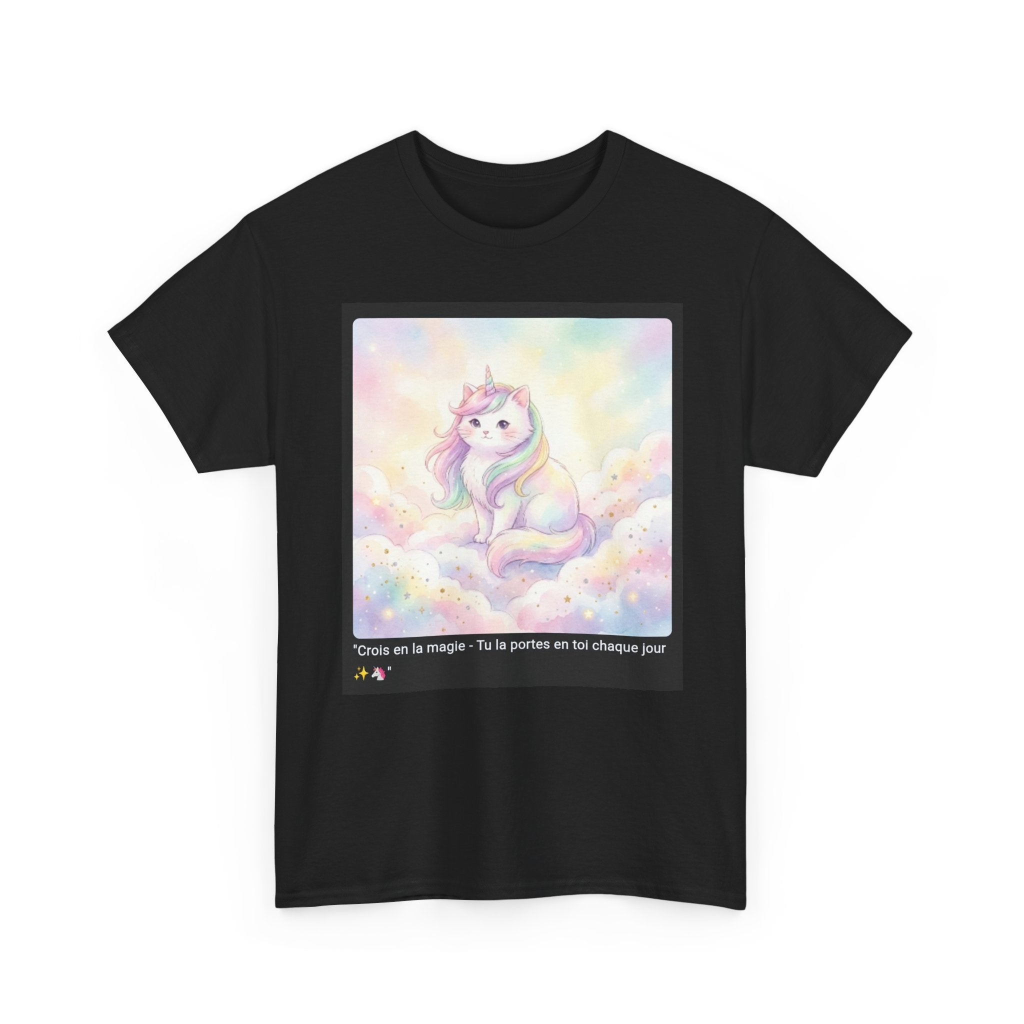 👕 T-SHIRT CHAT LICORNE - Design Féerique Arc-en-Ciel  ✨ "Crois en la magie" - Porte l'enchantement !