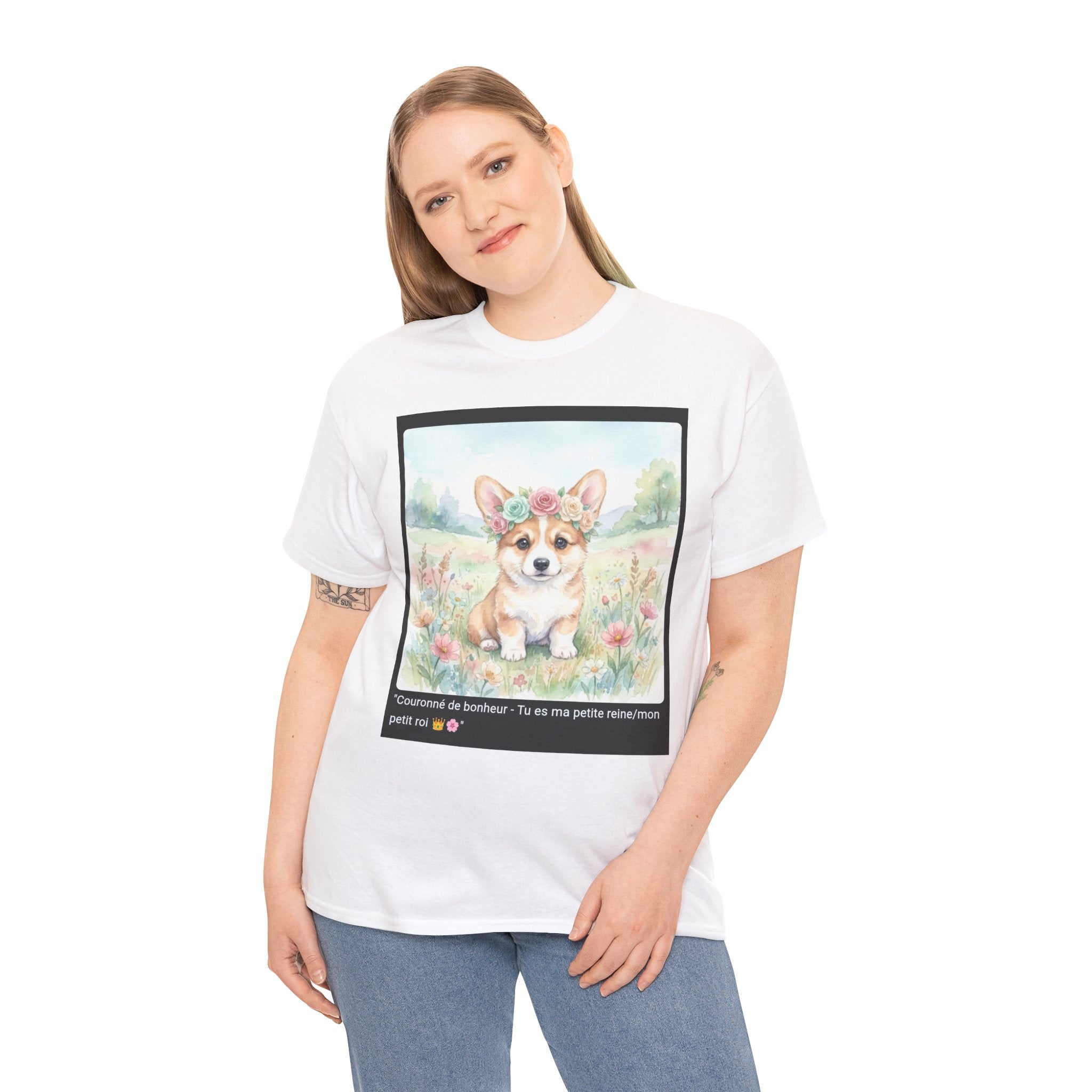 👕 T-SHIRT CORGI COURONNE ROSES - Design Printanier Royal  👑 "Couronné de bonheur" - Porte la royauté canine !