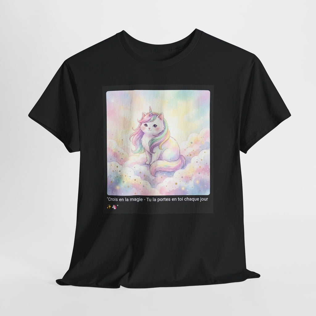 👕 T-SHIRT CHAT LICORNE - Design Féerique Arc-en-Ciel  ✨ "Crois en la magie" - Porte l'enchantement !