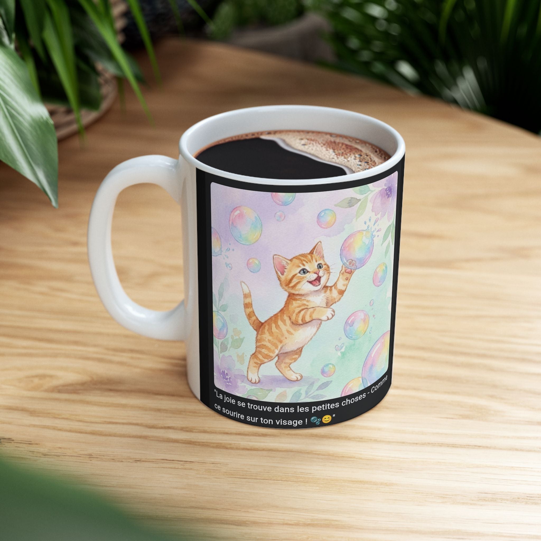 ☕ MUG CHATON BULLES ARC-EN-CIEL - "La Joie dans les Petites Choses"  🫧