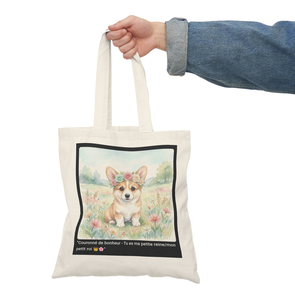👜 TOTE BAG CORGI COURONNE - Sac Coton Bio Printanier  👑 "Couronné de bonheur" - Royauté écolo au quotidien