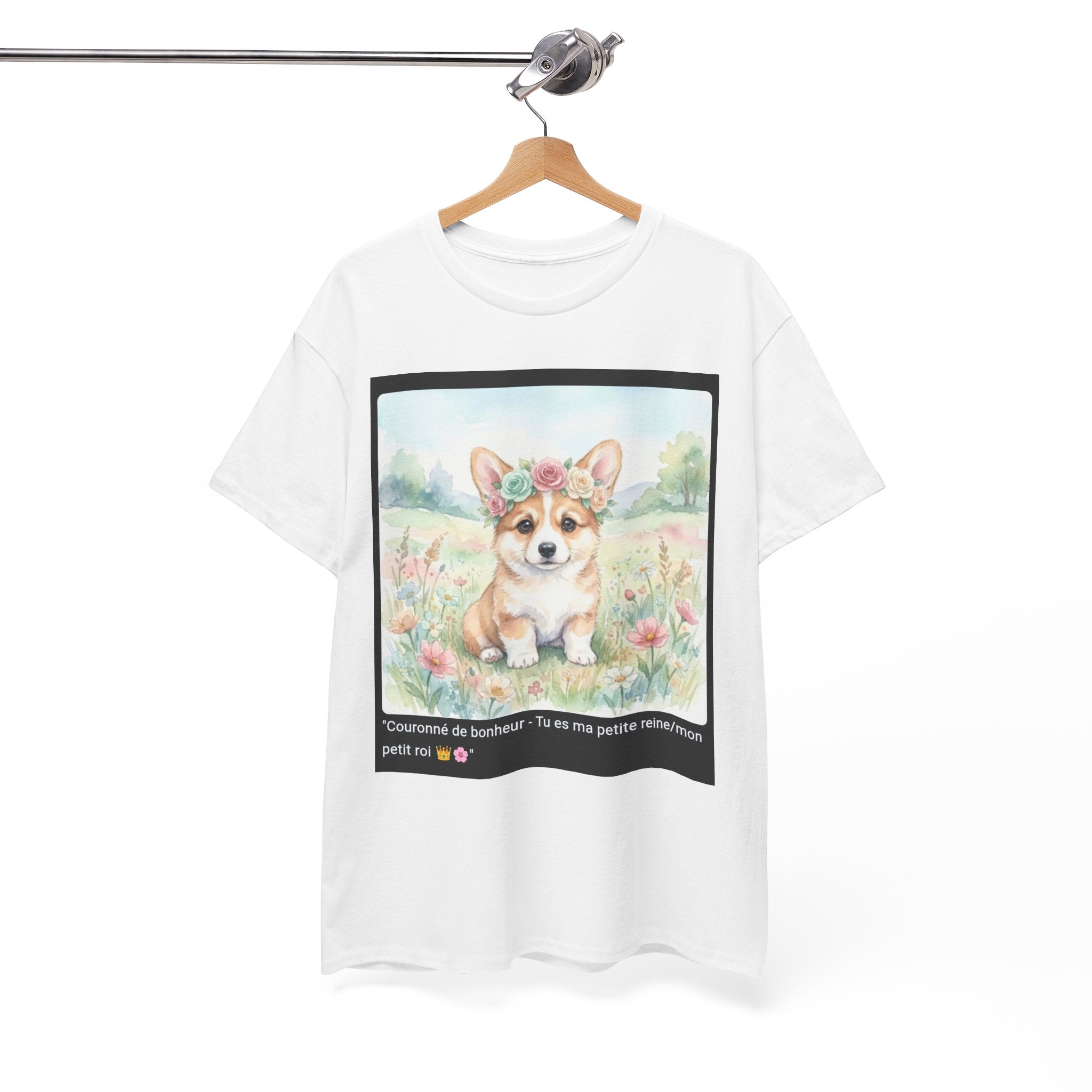 👕 T-SHIRT CORGI COURONNE ROSES - Design Printanier Royal  👑 "Couronné de bonheur" - Porte la royauté canine !