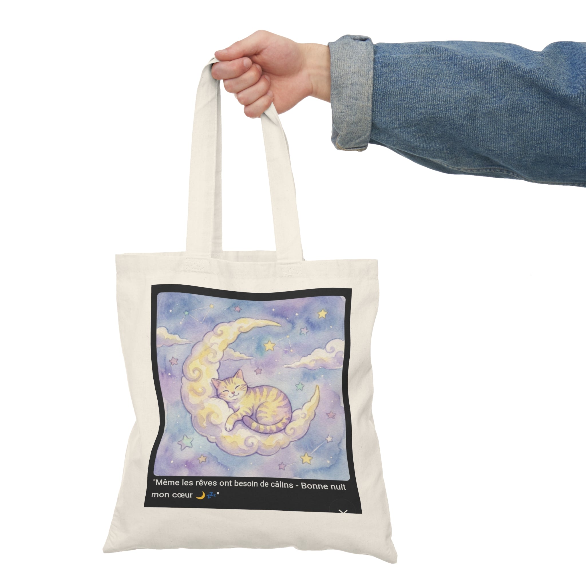 👜 TOTE BAG CHAT LUNE - Sac Coton Bio Magique  🌙 "Même les rêves ont besoin de câlins" - Emporte la magie partout