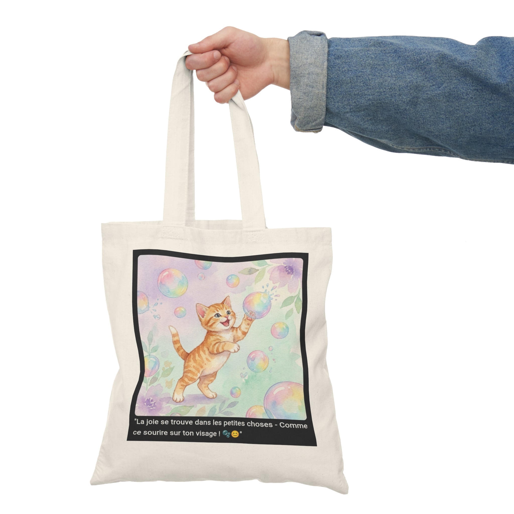 👜 TOTE BAG CHATON BULLES - Sac Coton Bio Joyeux  🫧 "La joie dans les petites choses" - Bonheur écolo portable