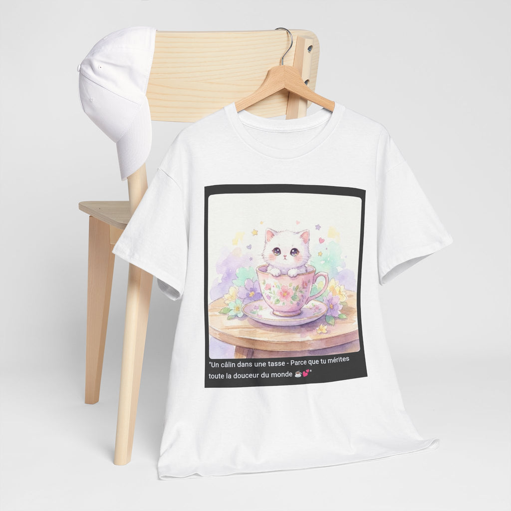 👕 T-SHIRT CHATON TASSE PASTEL - Design Exclusif Kawaii  💕 "Un Câlin dans une Tasse" - Porte la douceur sur toi !