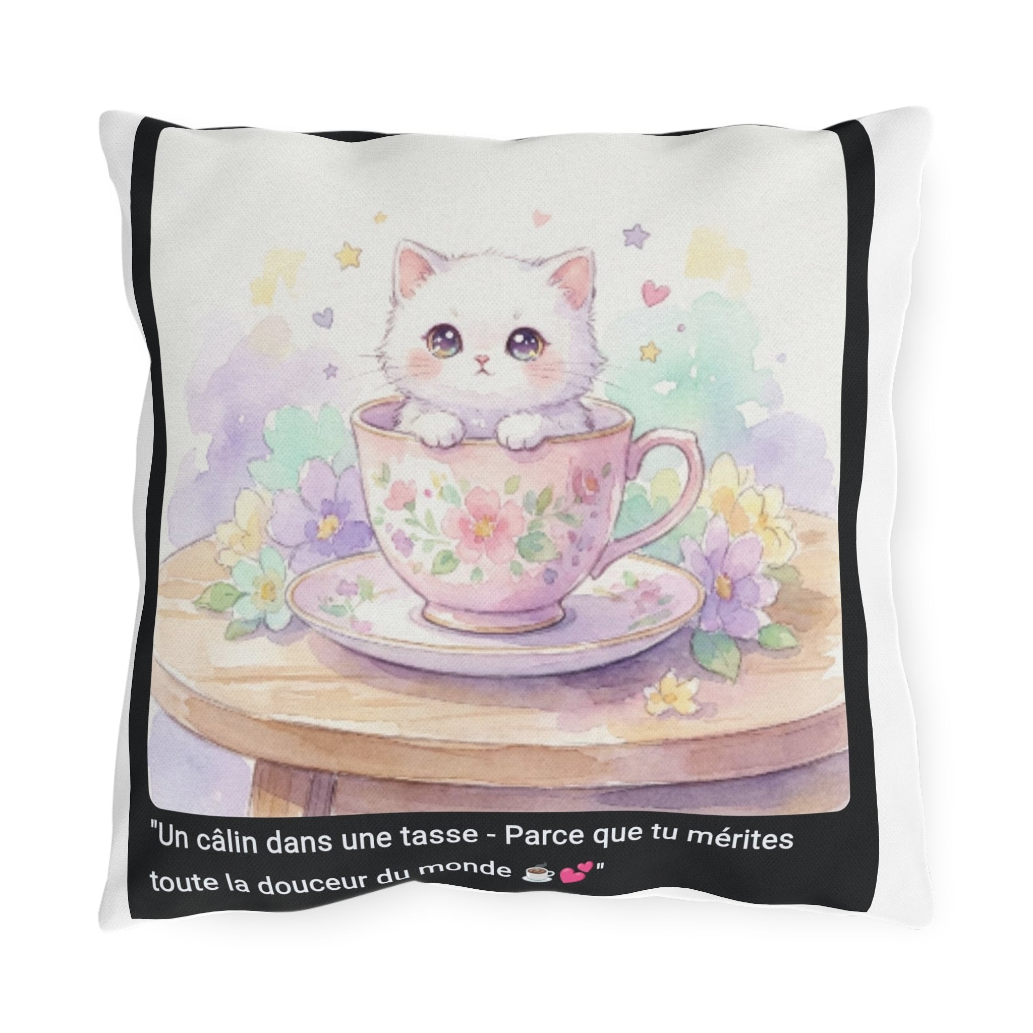 🛋️ COUSSIN DÉCO CHATON TASSE PASTEL - Confort & Douceur