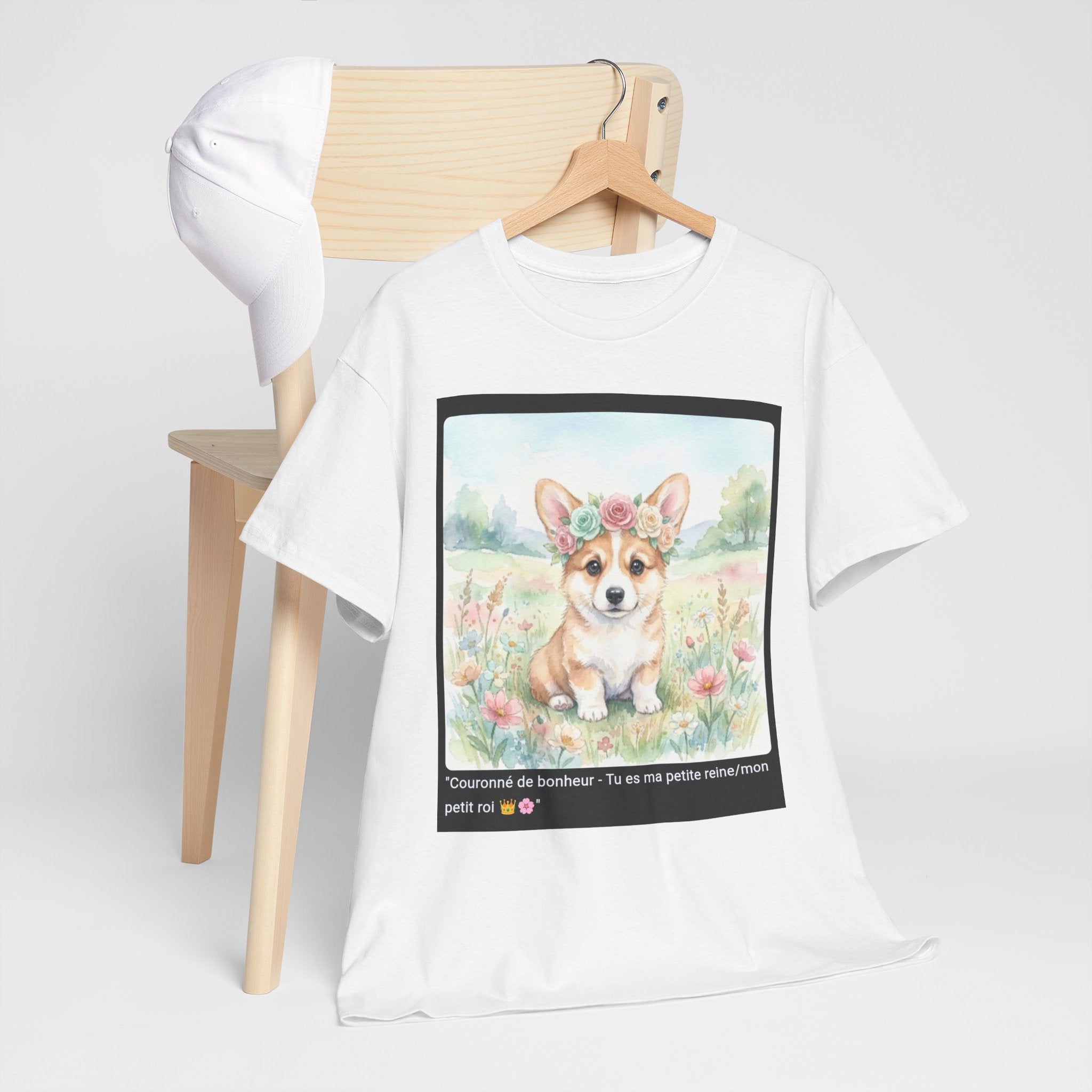 👕 T-SHIRT CORGI COURONNE ROSES - Design Printanier Royal  👑 "Couronné de bonheur" - Porte la royauté canine !
