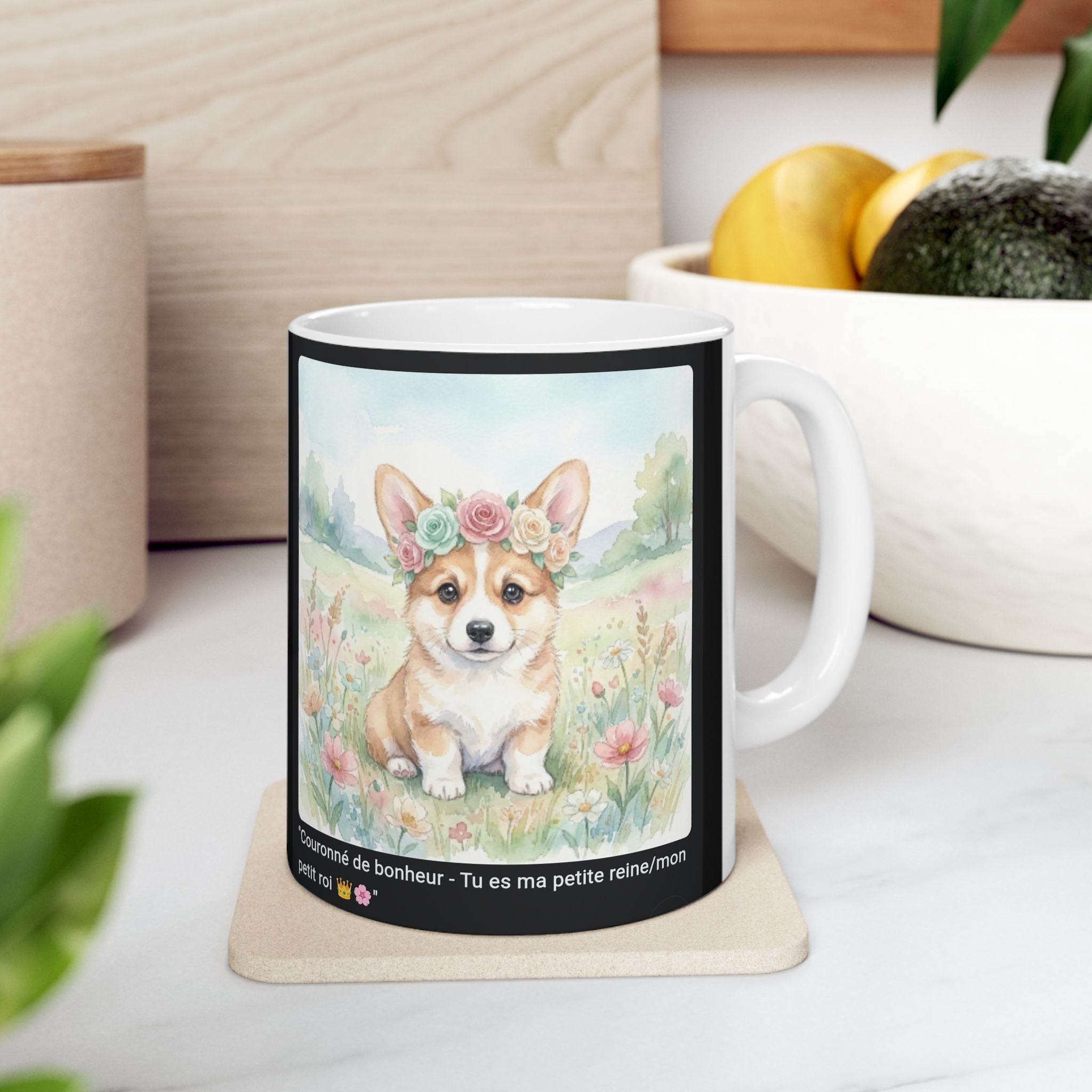 ☕ MUG CORGI COURONNE FLEURS - "Couronné de Bonheur"  👑