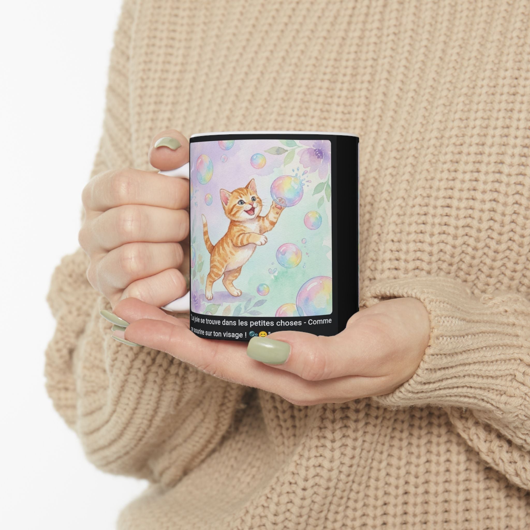☕ MUG CHATON BULLES ARC-EN-CIEL - "La Joie dans les Petites Choses"  🫧