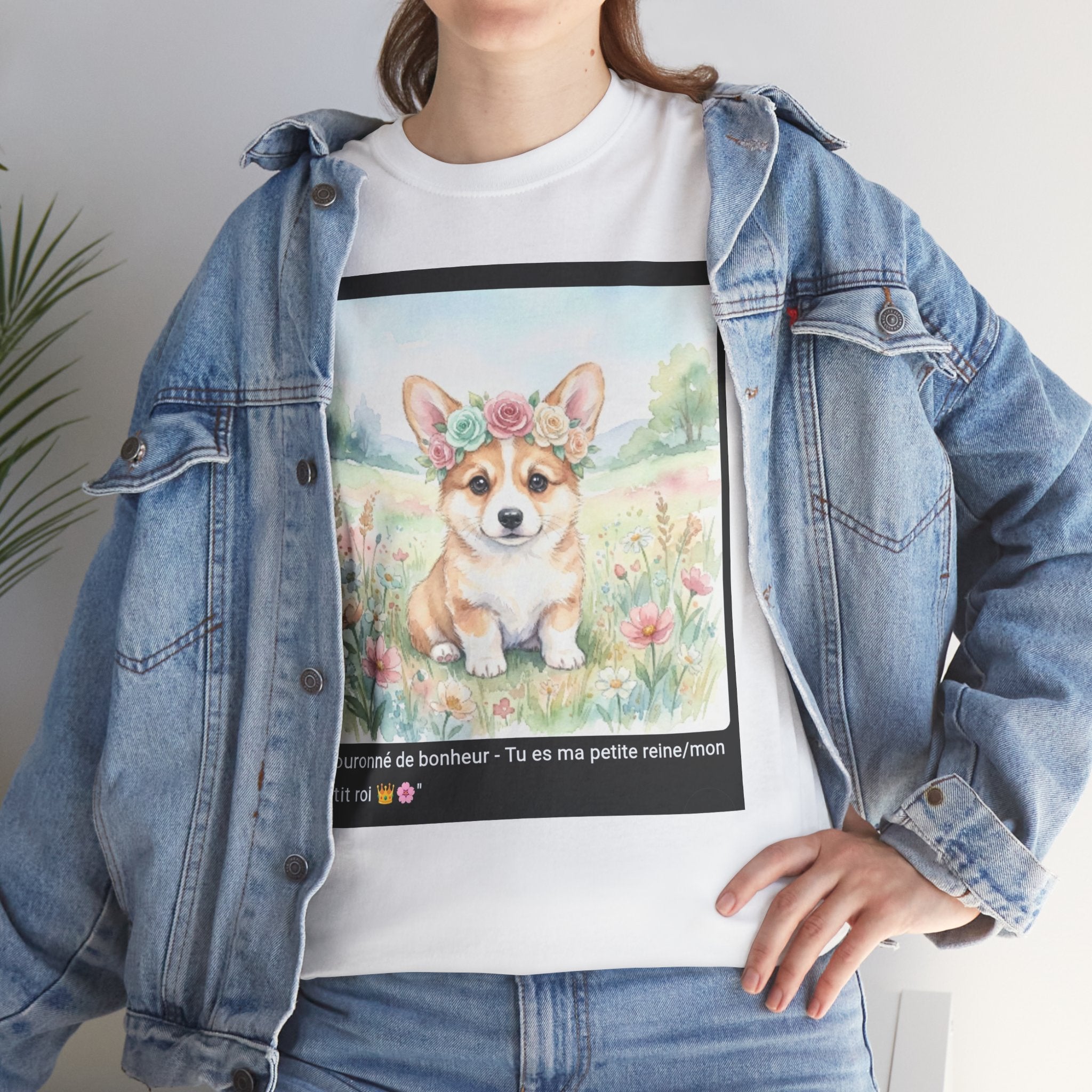 👕 T-SHIRT CORGI COURONNE ROSES - Design Printanier Royal  👑 "Couronné de bonheur" - Porte la royauté canine !